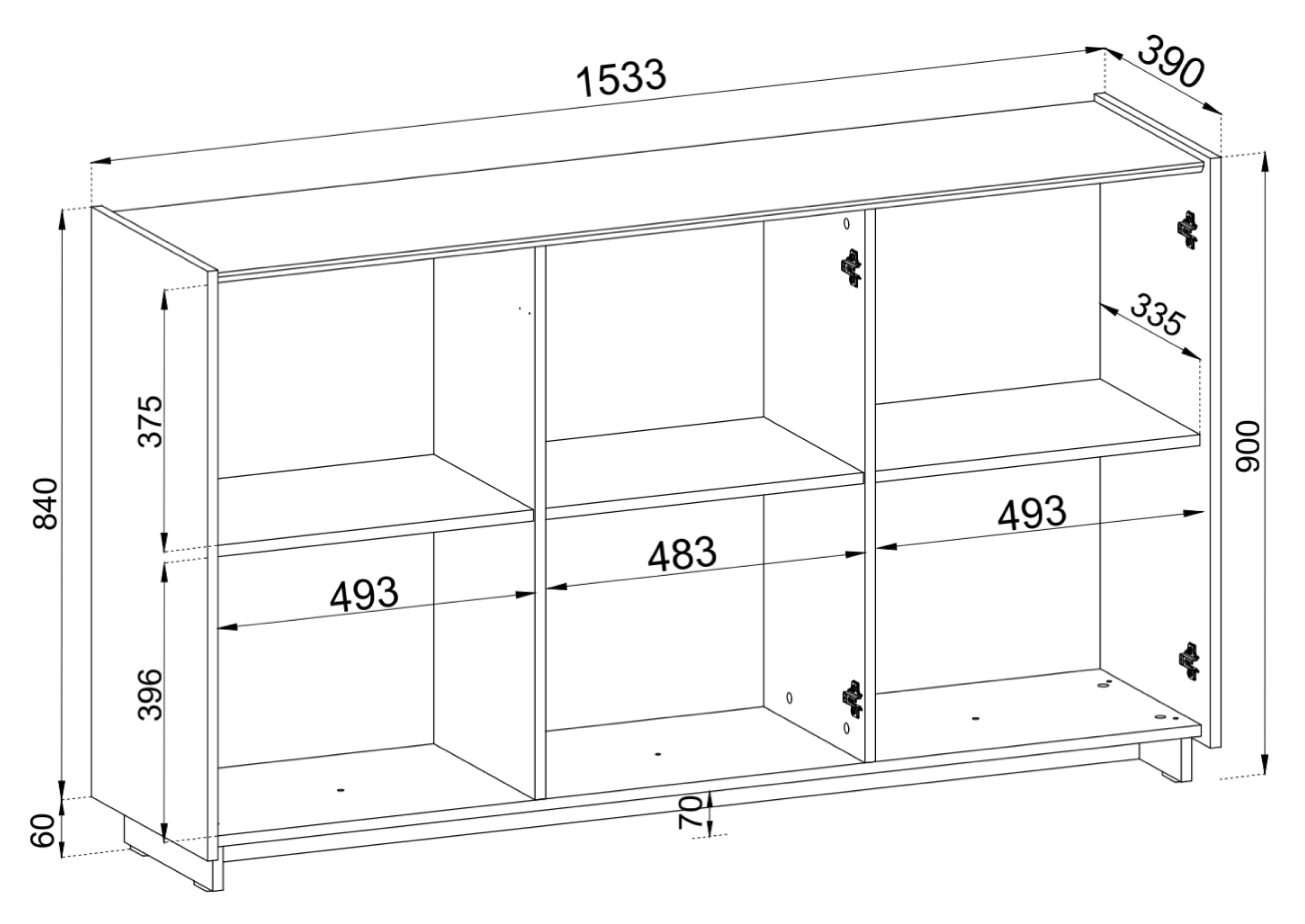 Rysunek wymiarowy - Komoda trzydrzwiowa Magro 153: szerokość 153,3 cm, głębokość 39 cm, wysokość 90 cm