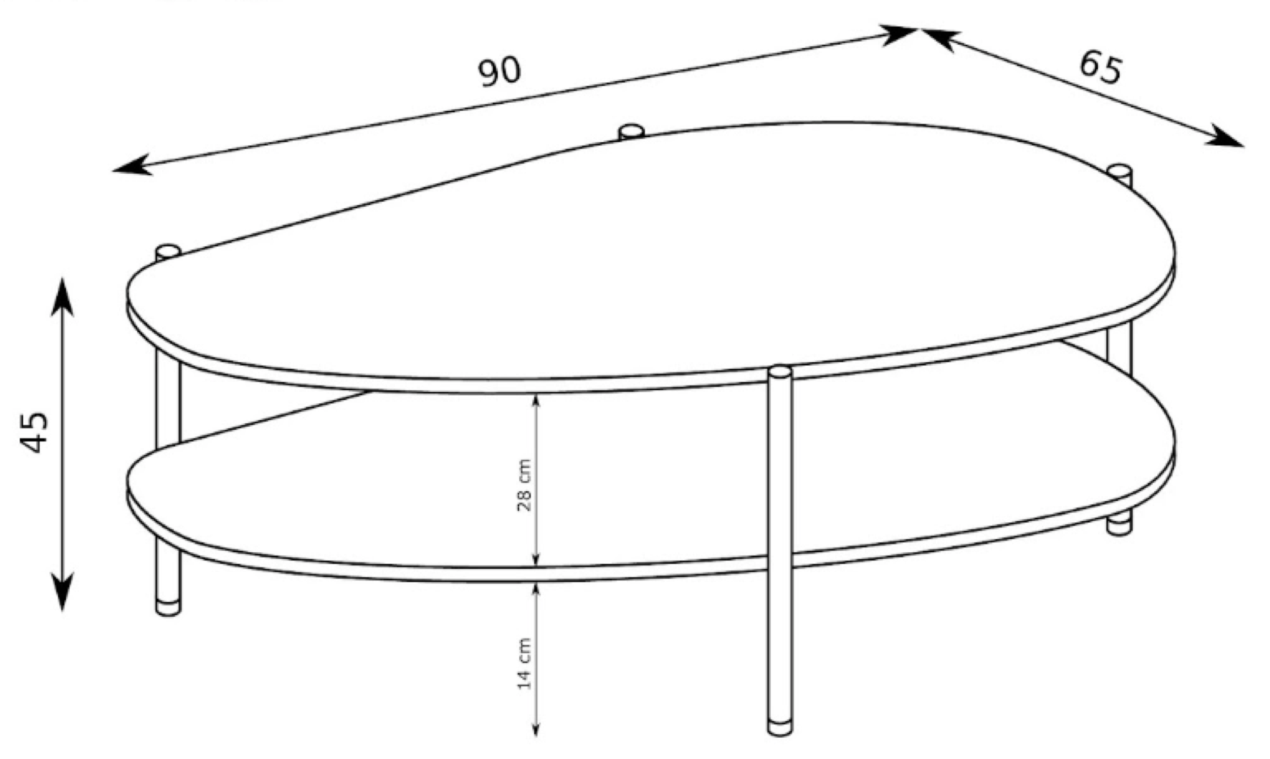 Rysunek wymiarowy - Stolik kawowy Malumi z półką 90x65cm Kaszmir: szerokość 90 cm, głębokość 65 cm, wysokość 45 cm