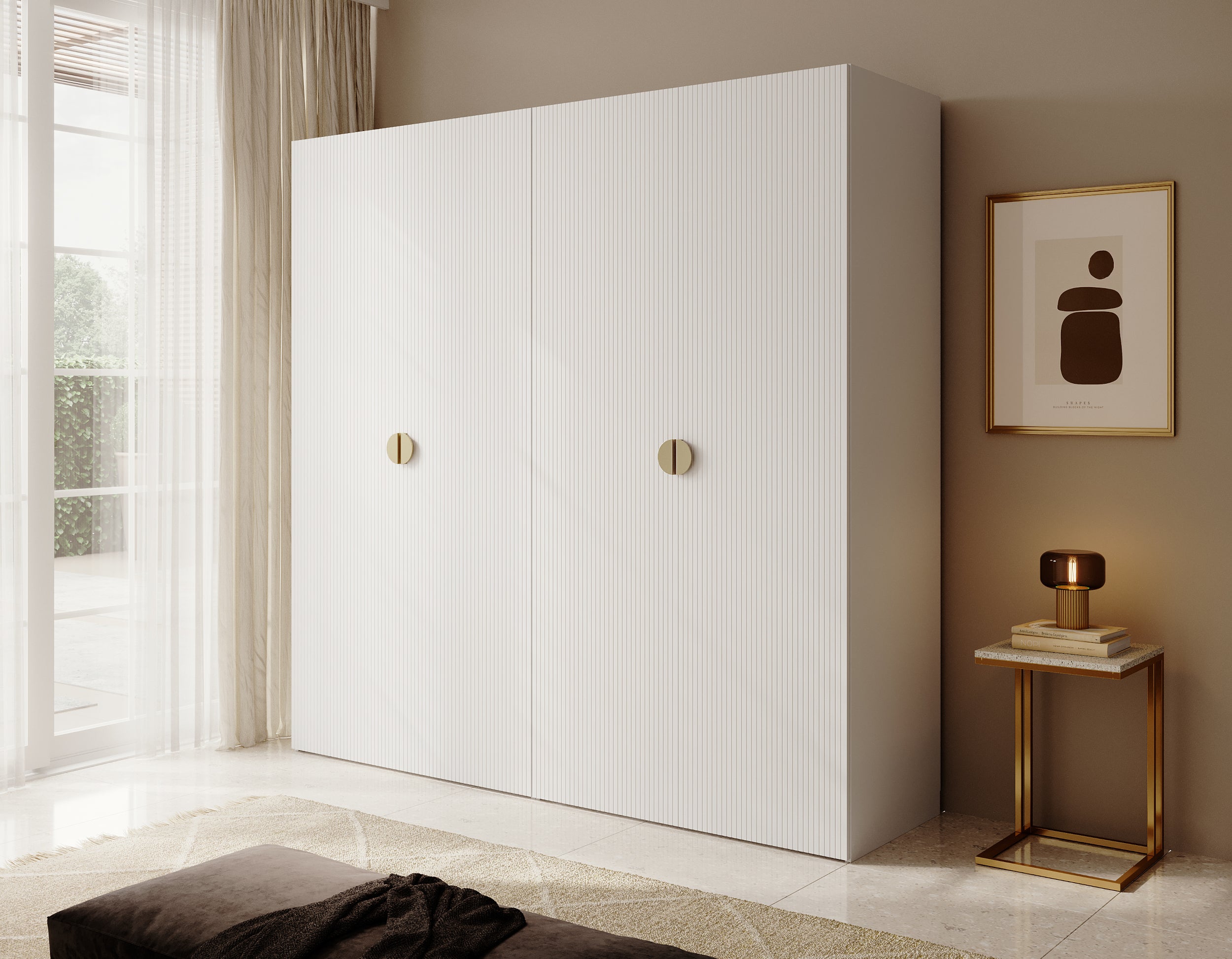 Szafa czterodrzwiowa Moonir z dwoma drążkami, półkami 200 cm Biała