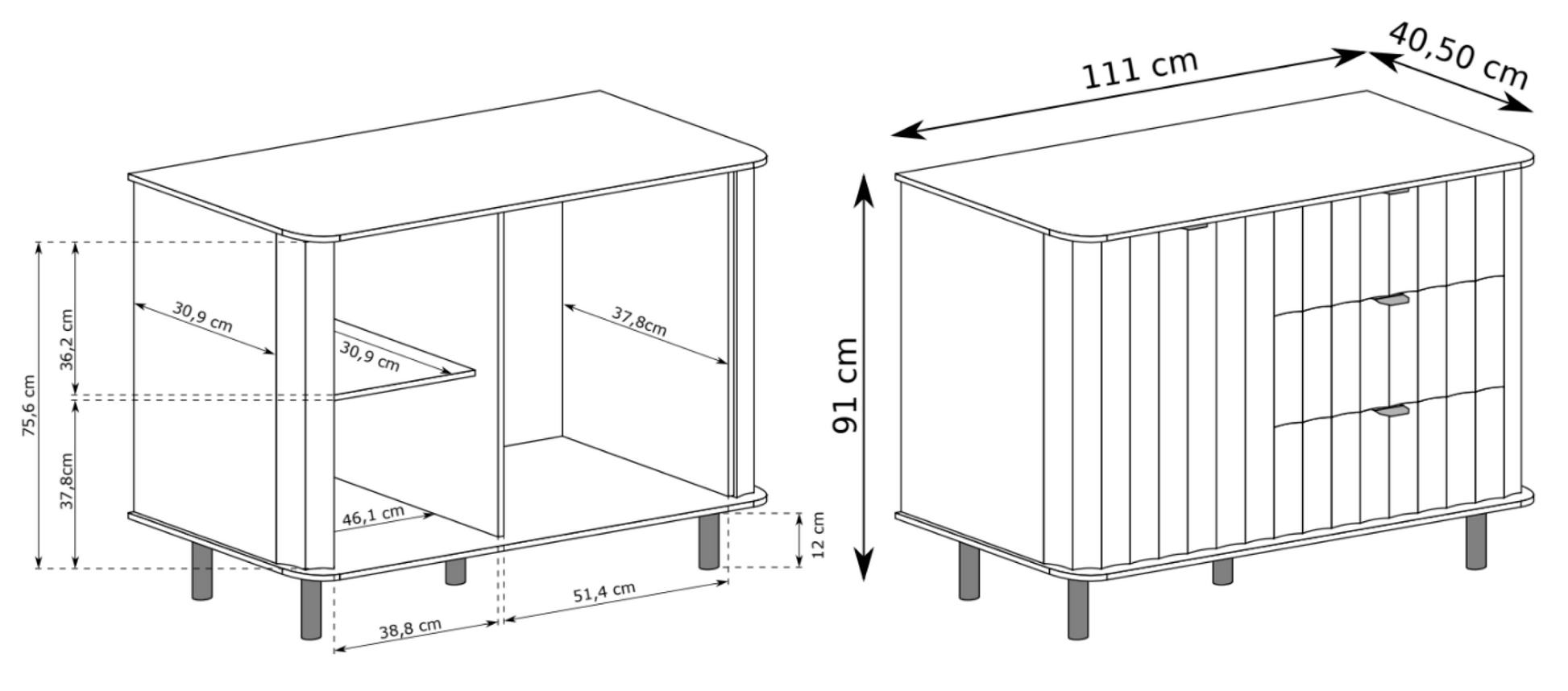 Rysunek wymiarowy - Komoda jednodrzwiowa Novado z trzema szufladami 111: szerokość 111 cm, głębokość 40,5 cm, wysokość 91 cm