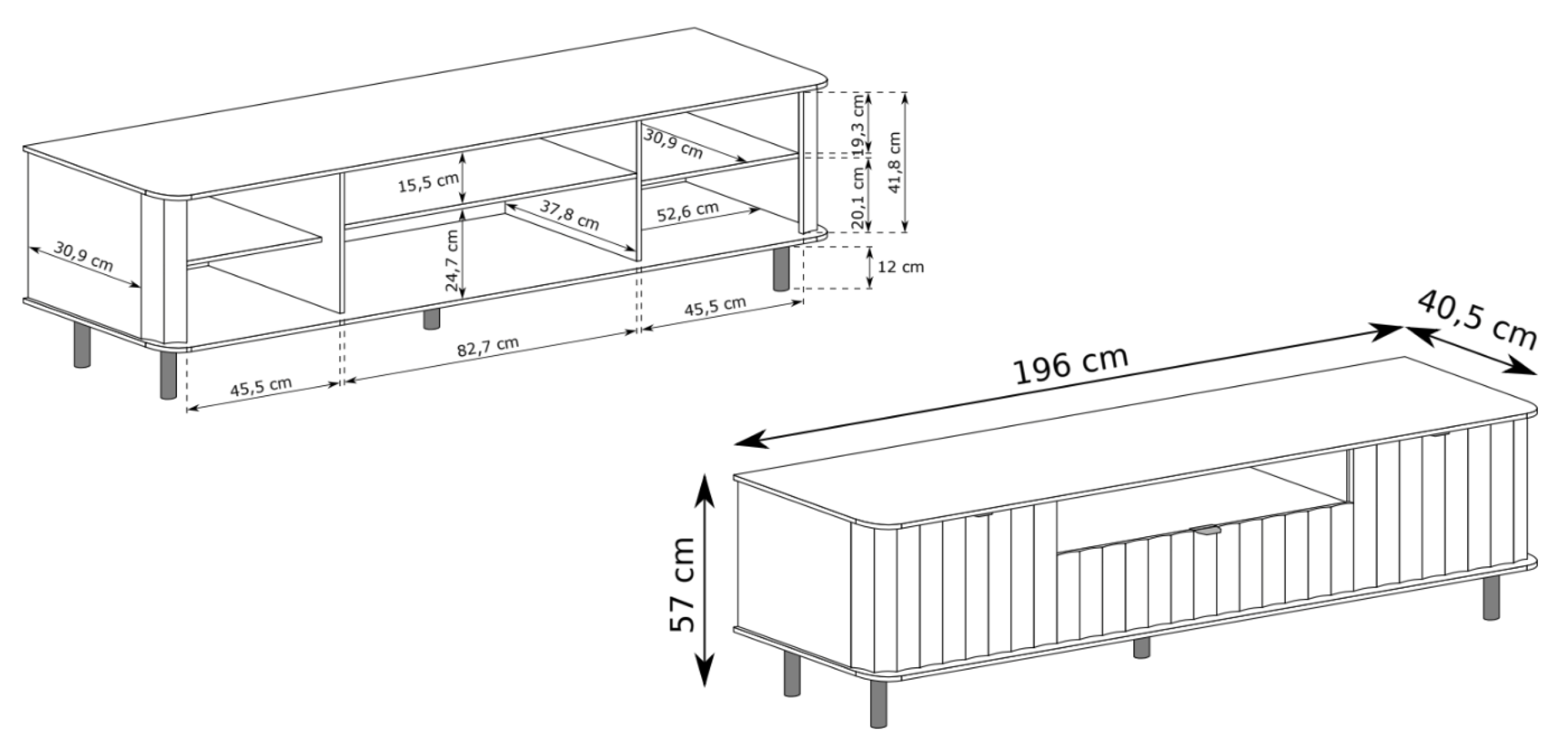 Rysunek wymiarowy - Szafka RTV dwudrzwiowa Novado z szufladą i wnęką 196 cm: szerokość 196 cm, głębokość 40,5 cm, wysokość 57 cm