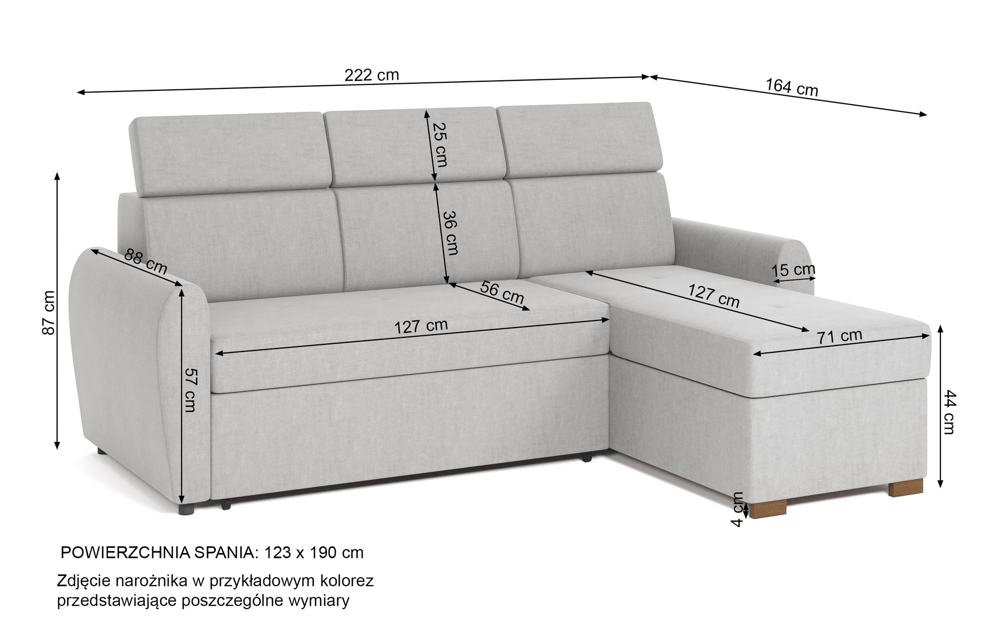 Rysunek wymiarowy - Narożnik Diuno beżowy: szerokość 222 cm, głębokość 164 cm, wysokość 87 cm