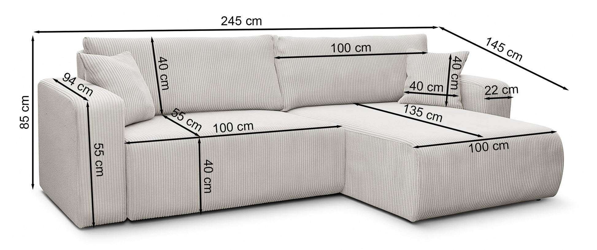 Rysunek wymiarowy - Narożnik Nellio beżowy: szerokość 245 cm, głębokość 145 cm, wysokość 85 cm