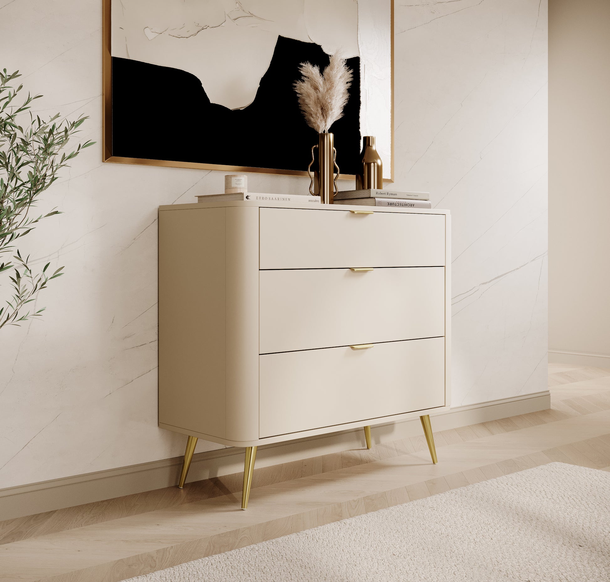 Komoda Oval z trzema szufladami 92 cm beż piaskowy - kolor bez piaskowy