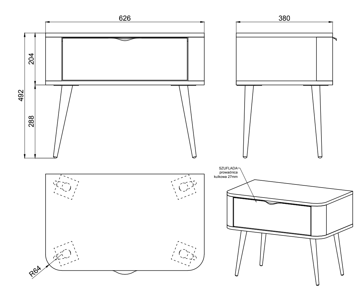 Rysunek wymiarowy - Szafka nocna Oval Biała: szerokość 63 cm, głębokość 38 cm, wysokość 49 cm
