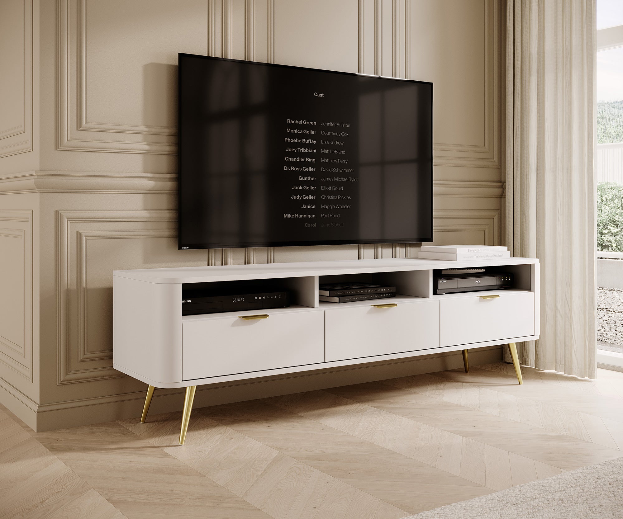 Szafka RTV Oval 160 cm z wnękami Biała