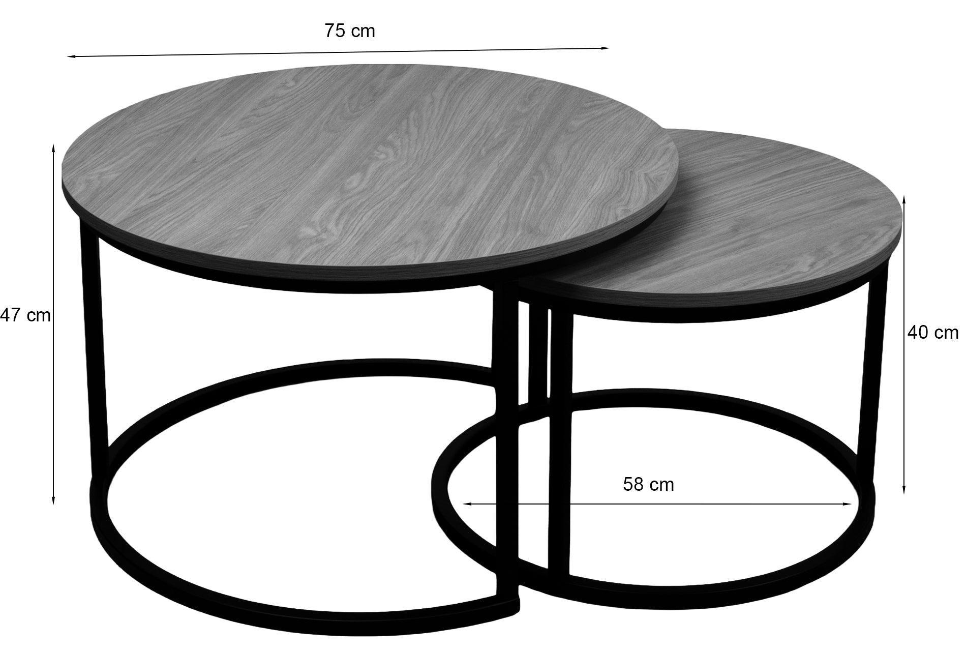 Zestaw dwóch stolików kawowych Complle okrągłe 75 i 58 cm dąb wotan/czarne