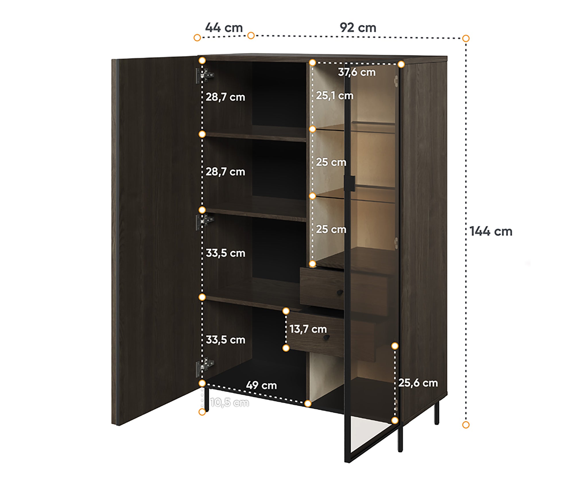 Witryna dwudrzwiowa Piemonte z przeszklonym frontem 92cm z oświetleniem LED - szerokość 92 cm