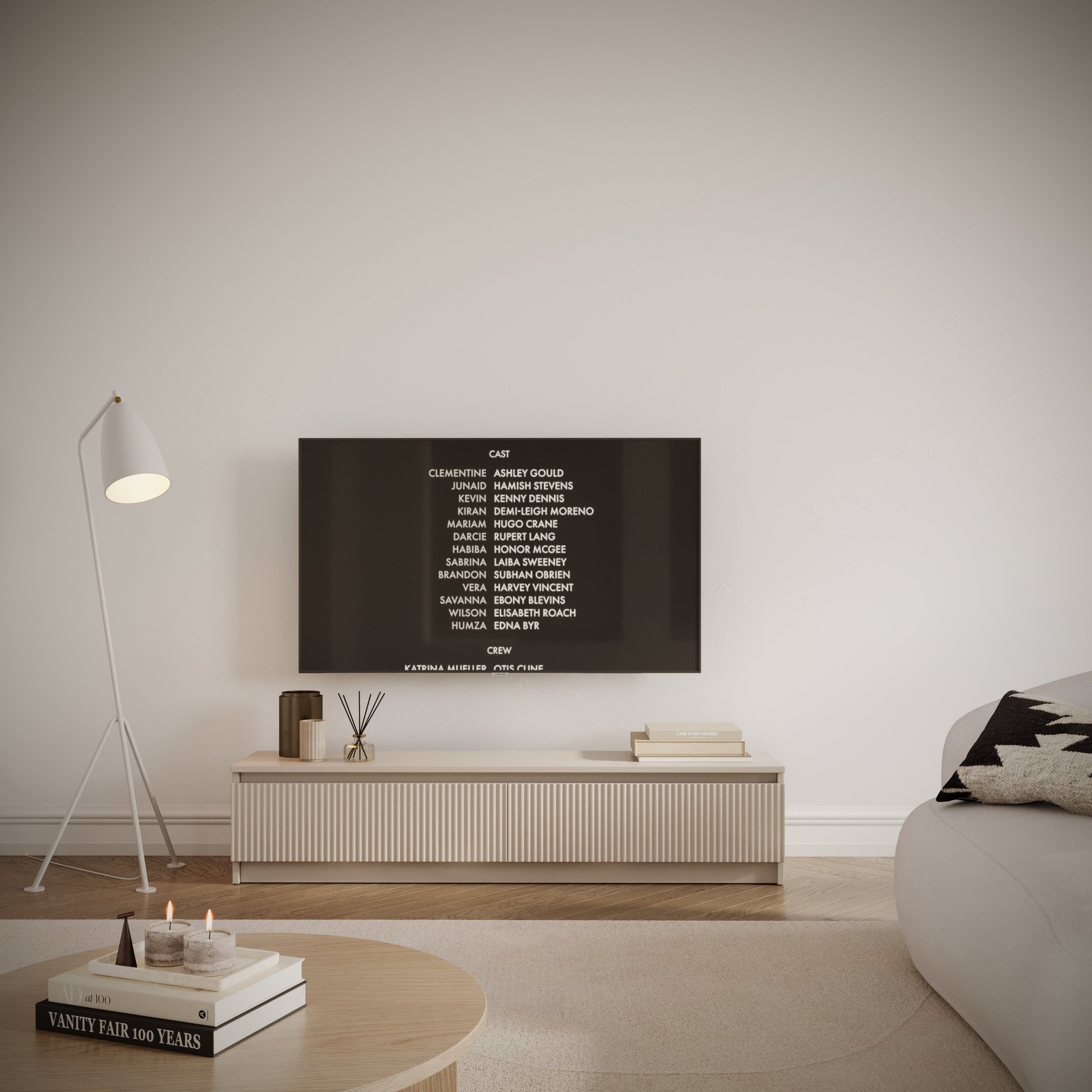 Szafka RTV dwudrzwiowa Sandia z ryflowanym frontem 139 cm kaszmir