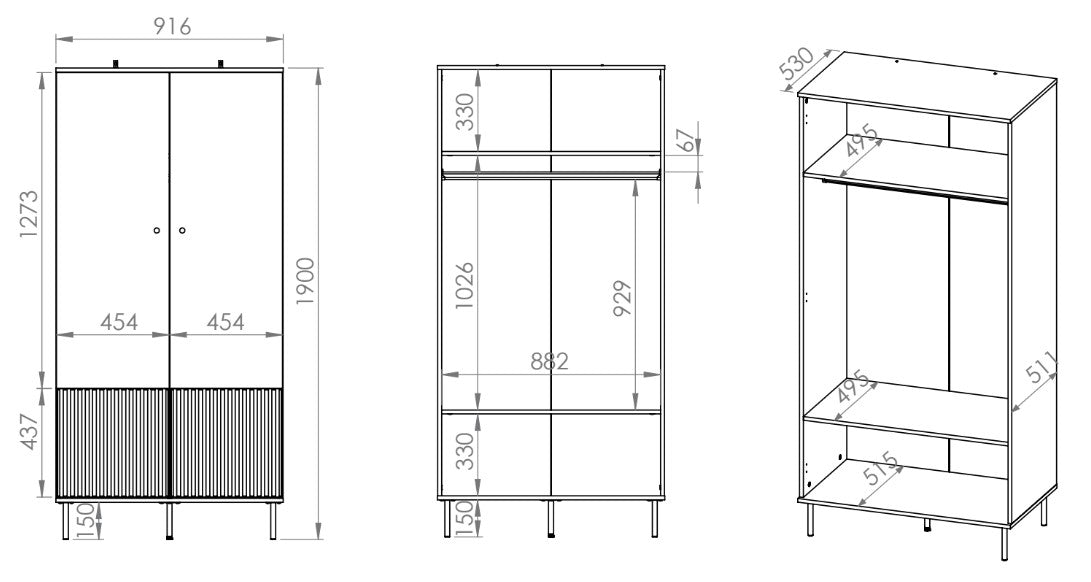 Rysunek wymiarowy - Szafa dwudrzwiowa Caletto 92 cm: szerokość 92 cm, głębokość 53 cm, wysokość 190 cm