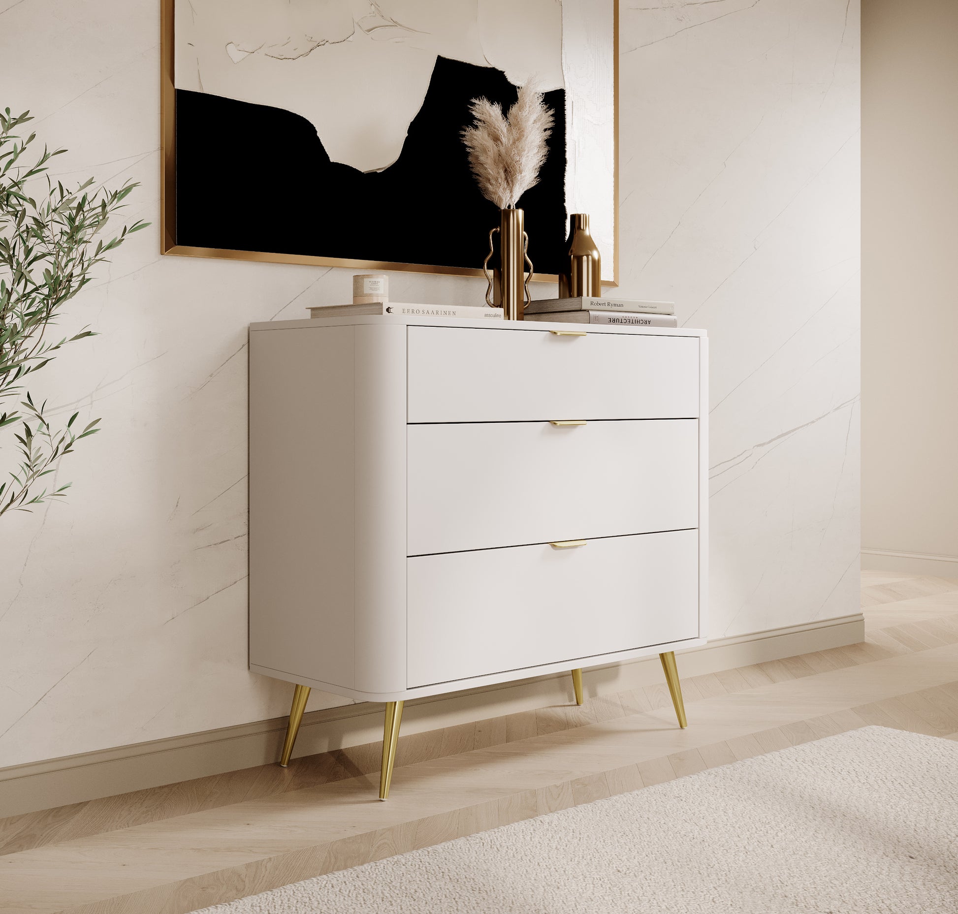 Komoda Oval z trzema szufladami 92 cm Biała - materiał metal