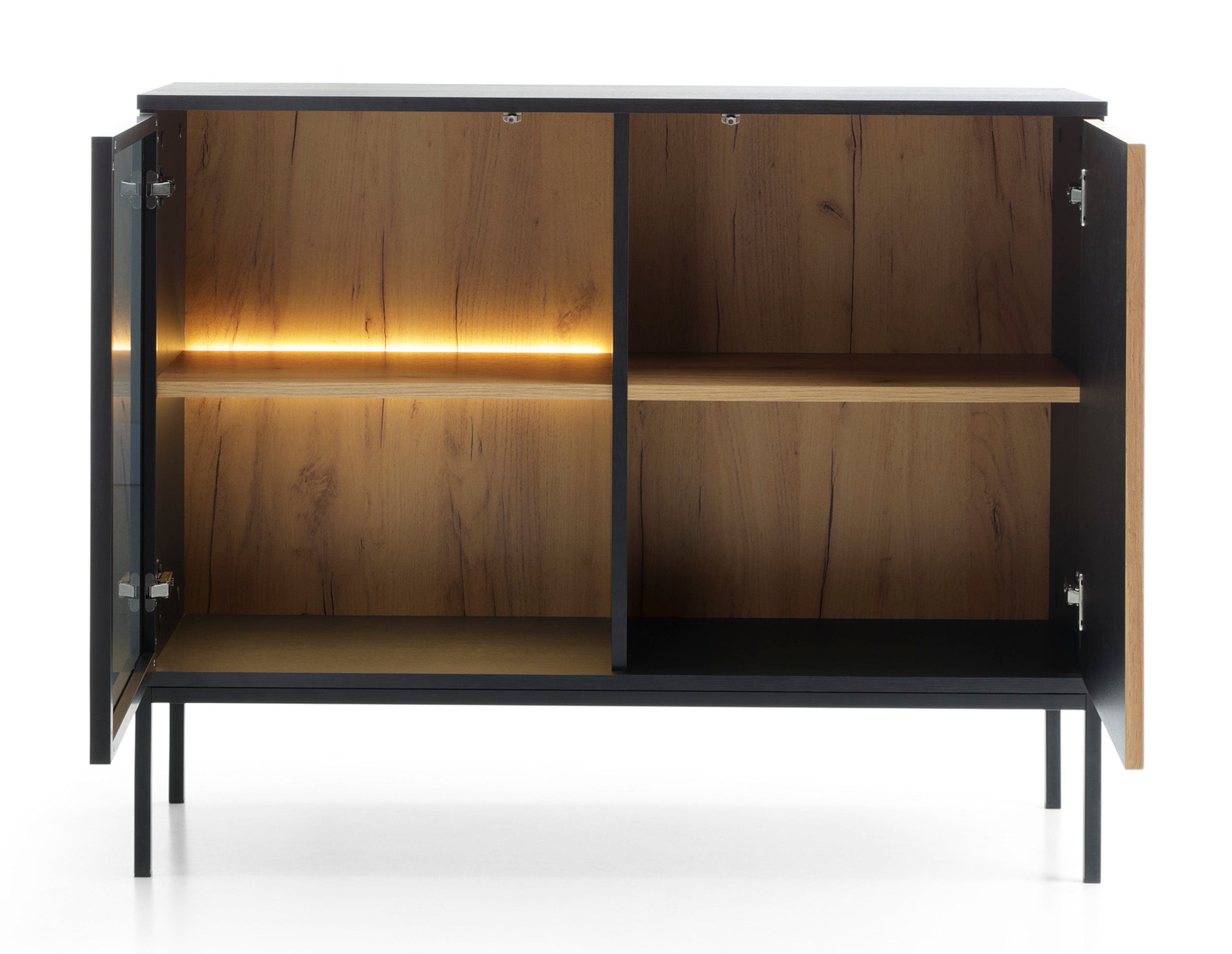 Komoda Tosena dwudrzwiowa z oświetleniem LED 104 cm Czarny/Dąb wotan - materiał szkło
