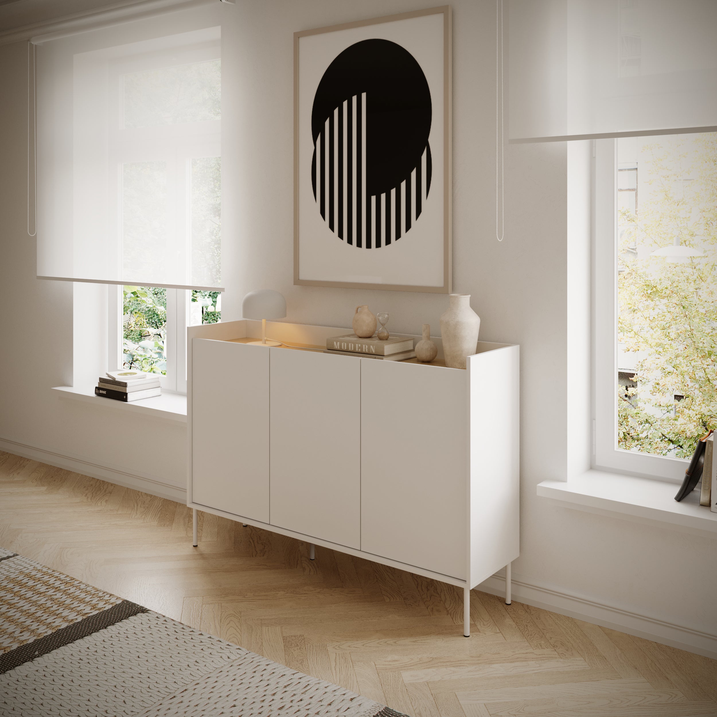 Komoda trzydrzwiowa Tovi 140 cm biała/dąb lindberg