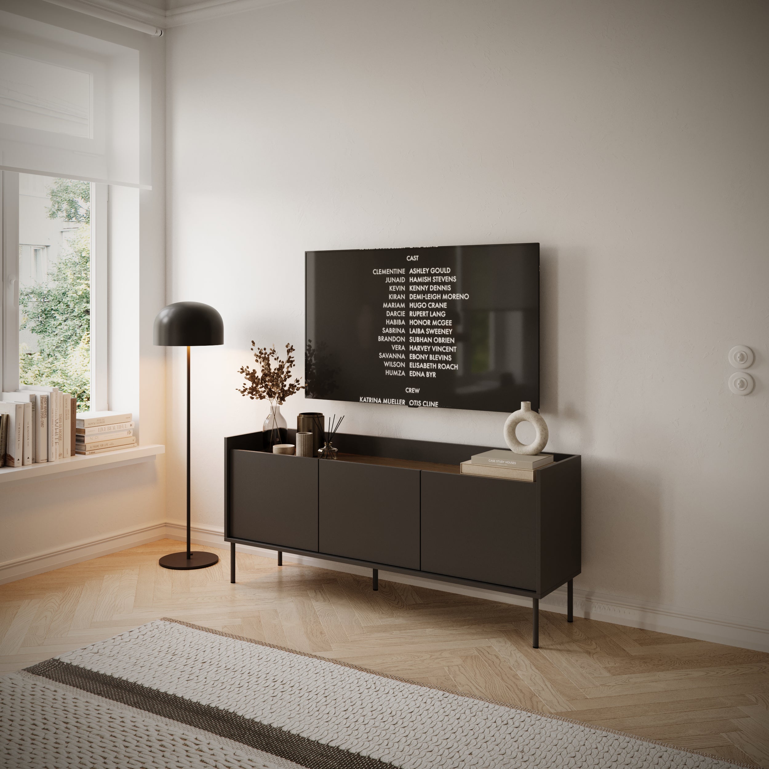 Szafka RTV Tovi 140 cm czarny/orzech wisconsin - na nóżkach