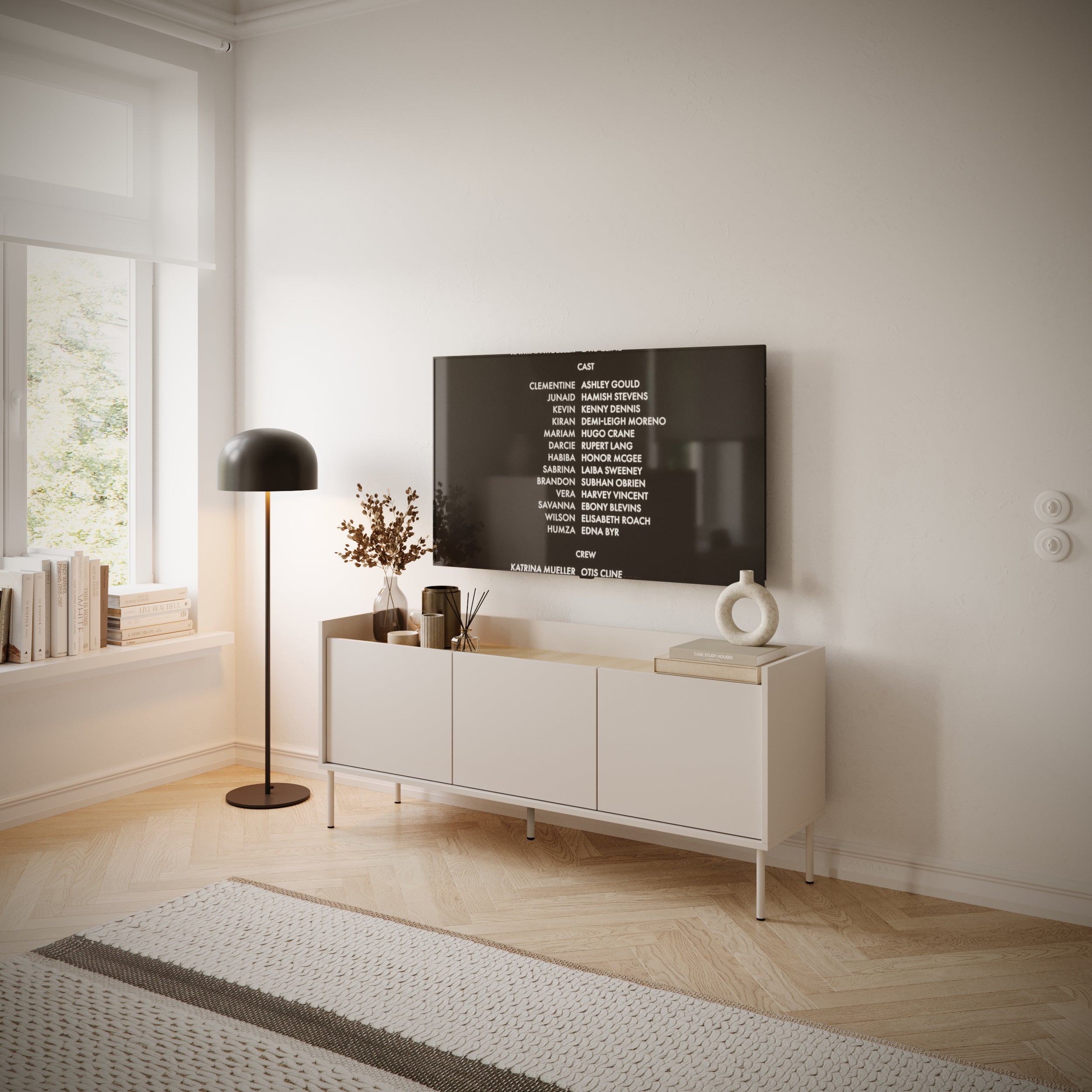 Szafka RTV Tovi 140 cm kaszmir/dąb lindberg - na nóżkach