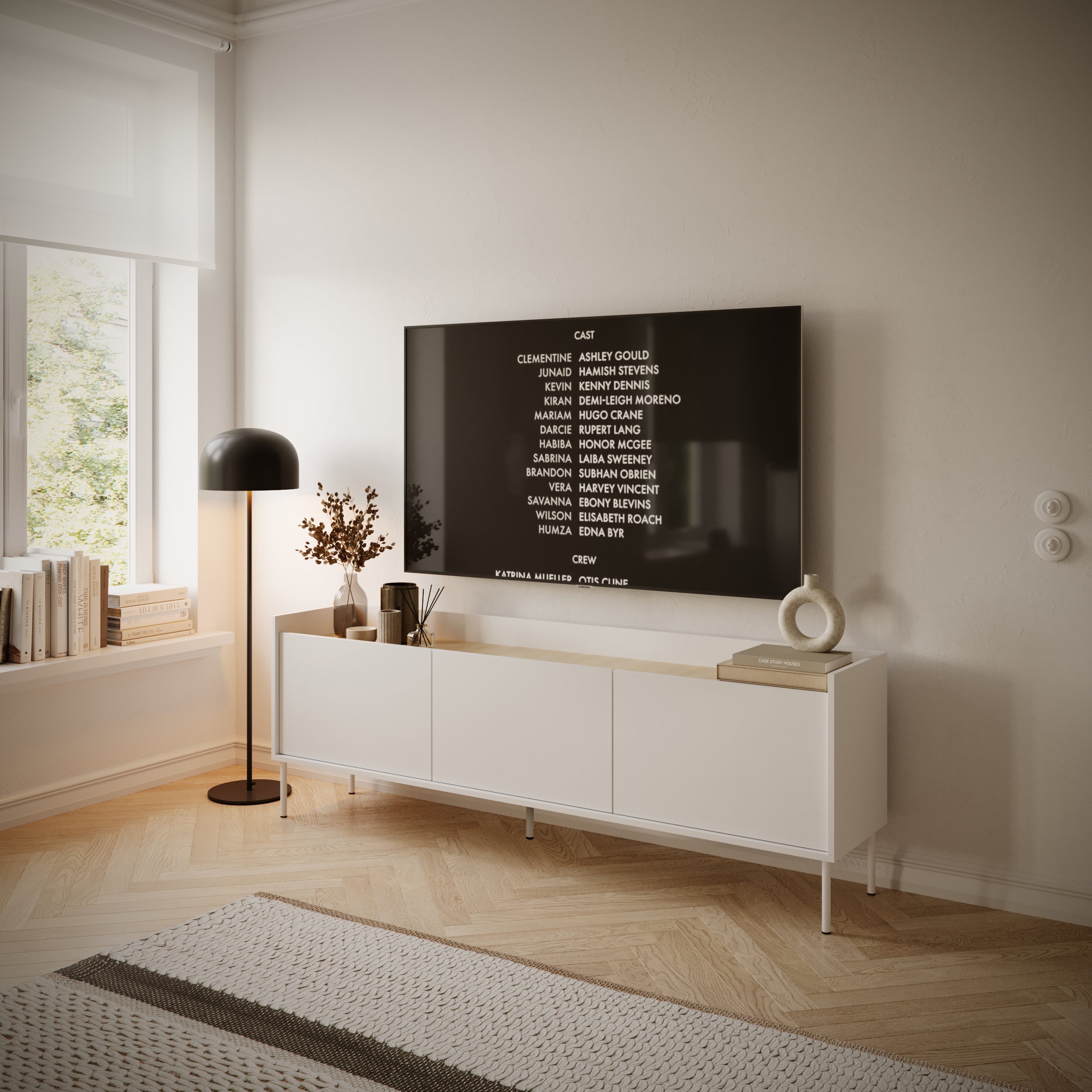 Szafka RTV Tovi 175 cm biała/dąb lindberg - na nóżkach