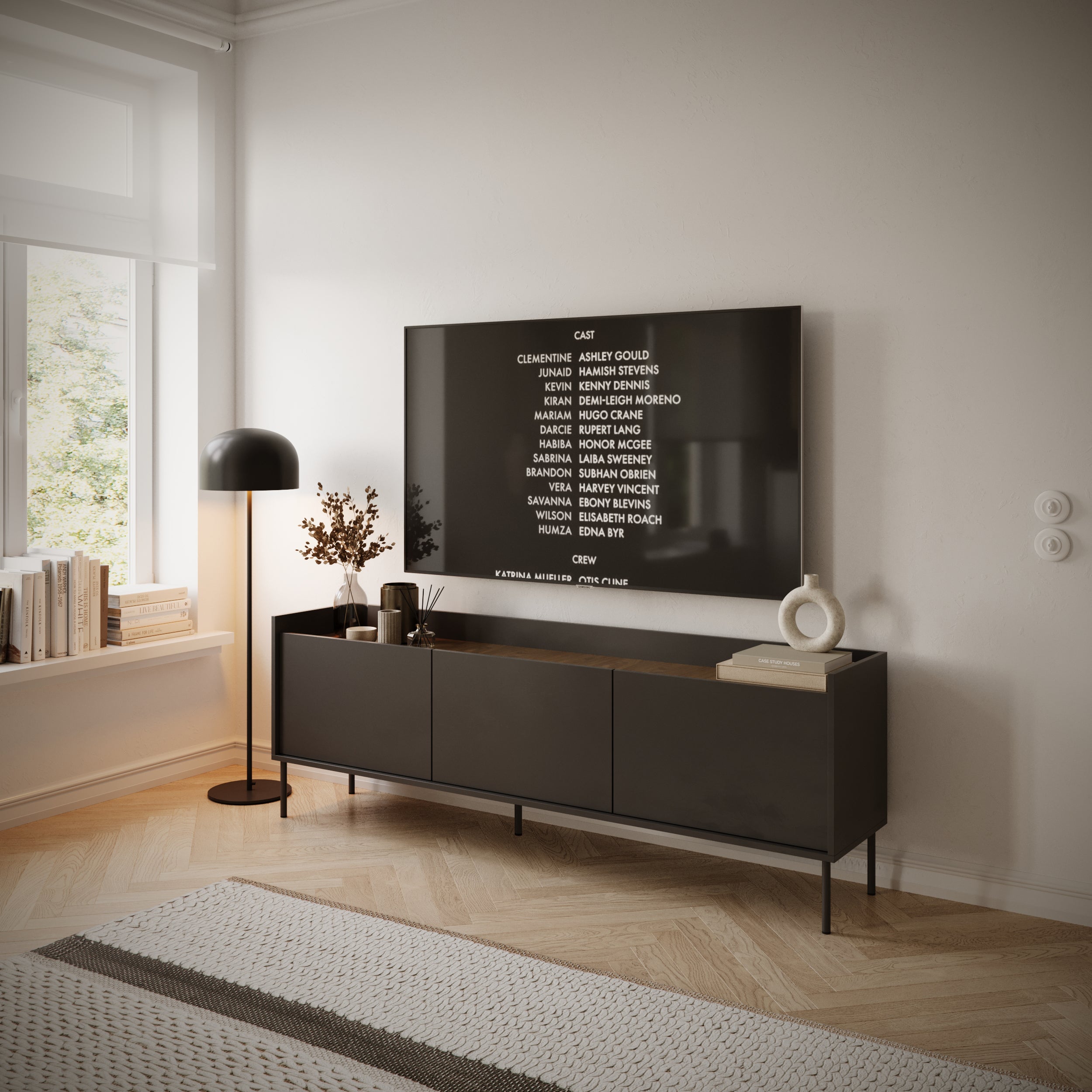 Szafka RTV Tovi 175 cm czarny/orzech wisconsin - na nóżkach