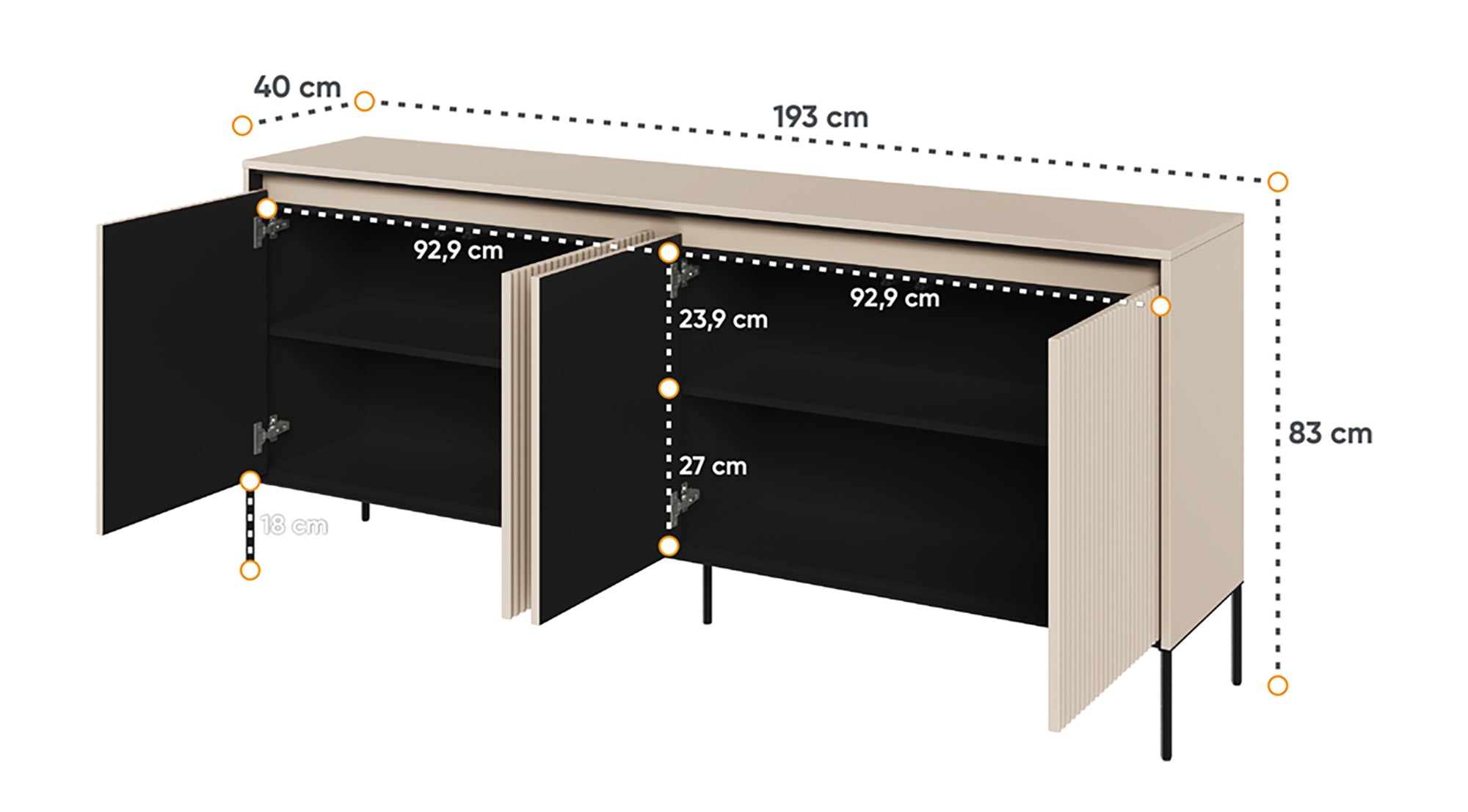 Komoda czterodrzwiowa Trend niska 193 cm z LED Beżowa