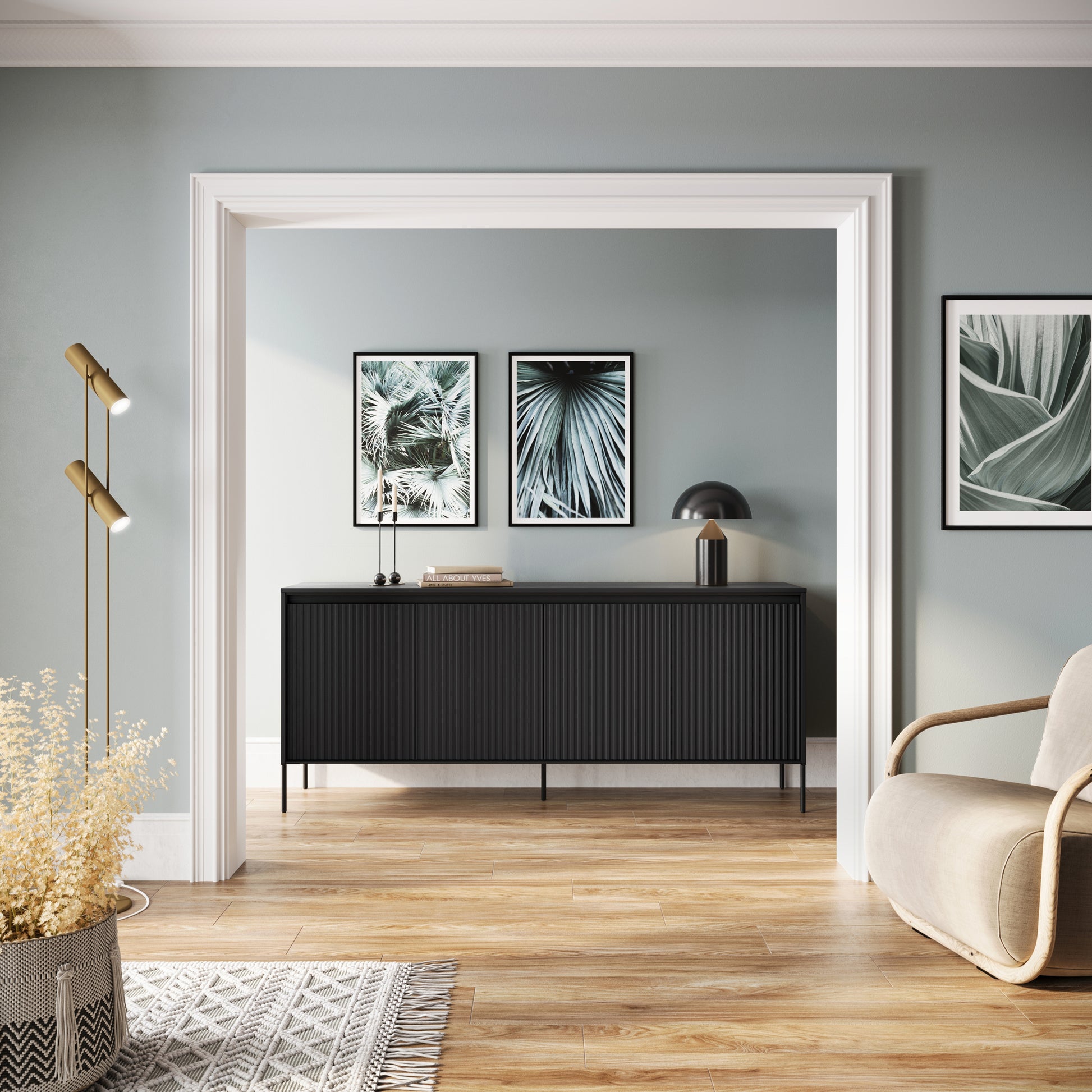 Komoda czterodrzwiowa Trend niska 193 cm z LED Czarna - oświetlenie led
