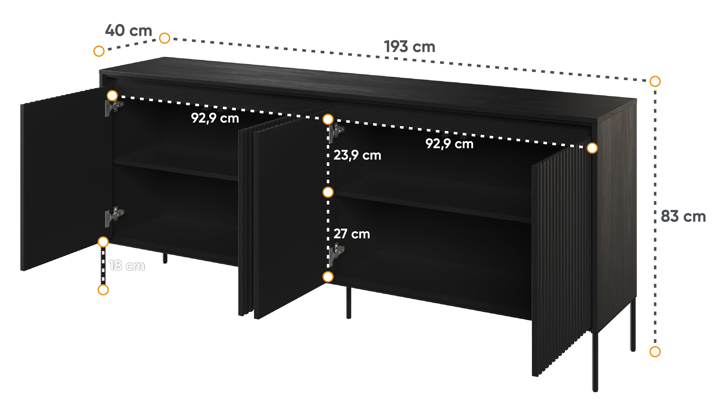 Komoda czterodrzwiowa Trend niska 193 cm z LED Czarna - głębokość 40 cm