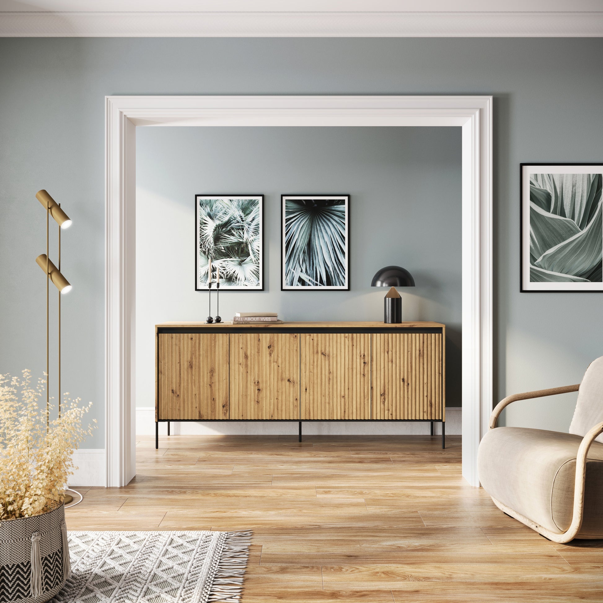 Komoda czterodrzwiowa Trend niska 193 cm z LED Dąb artisan - oświetlenie led