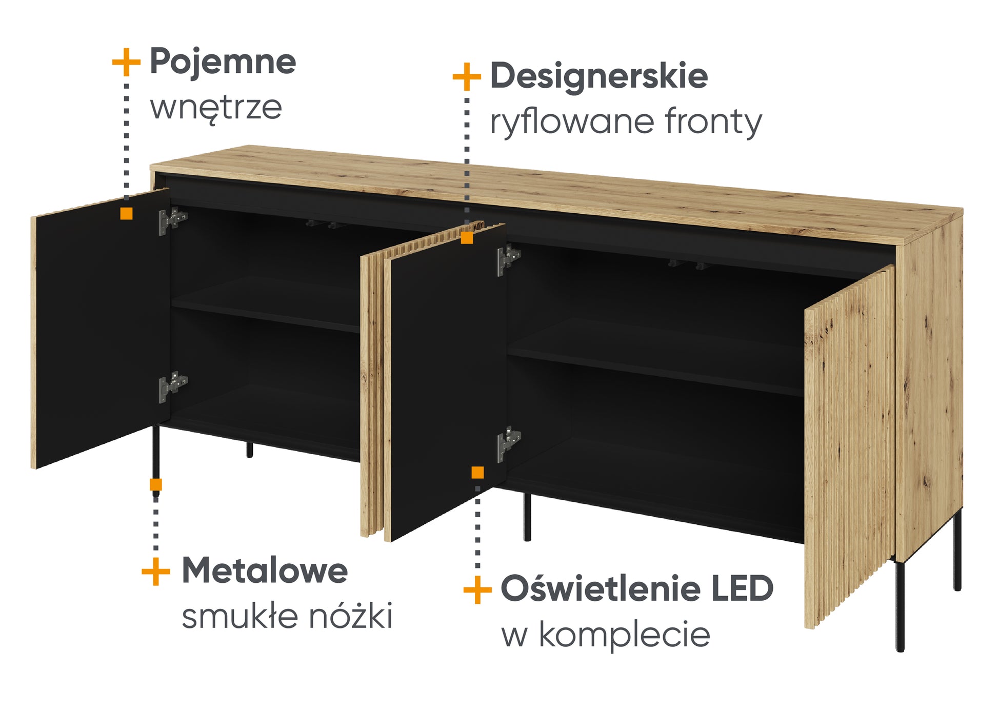 Komoda czterodrzwiowa Trend niska 193 cm z LED Dąb artisan - materiał płyta meblowa