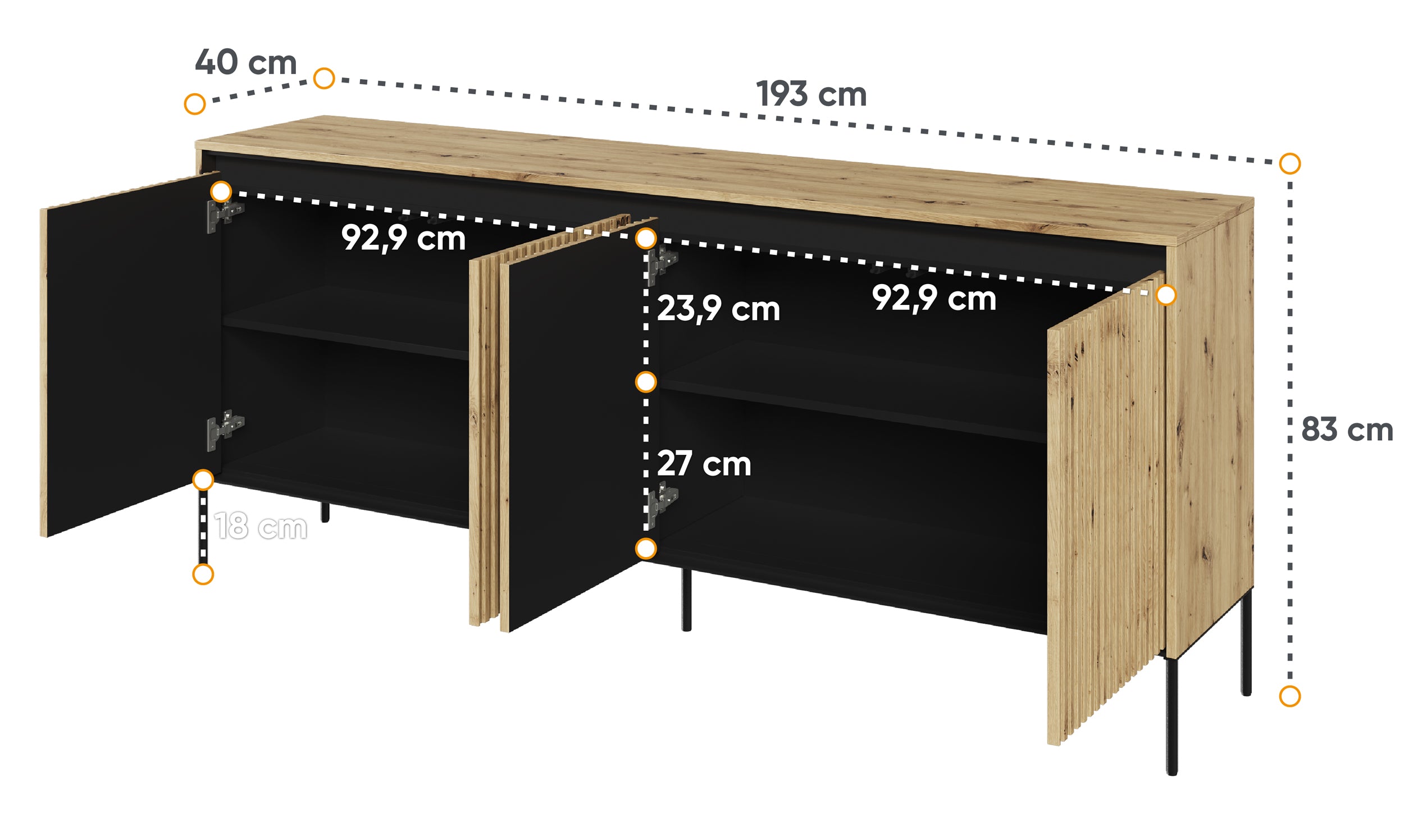 Komoda czterodrzwiowa Trend niska 193 cm z LED Dąb artisan - materiał metal