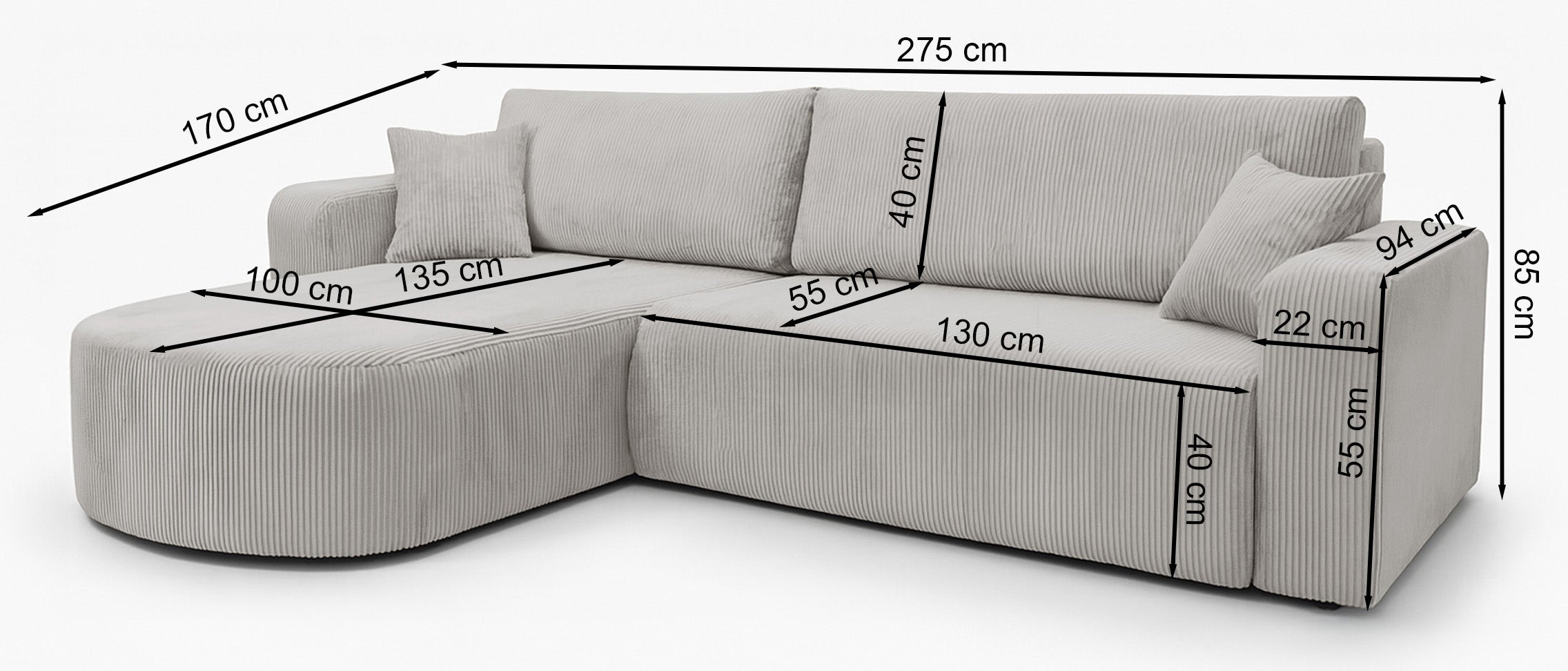 Rysunek wymiarowy - Narożnik Teeo musztardowy: szerokość 275 cm, głębokość 170 cm, wysokość 85 cm