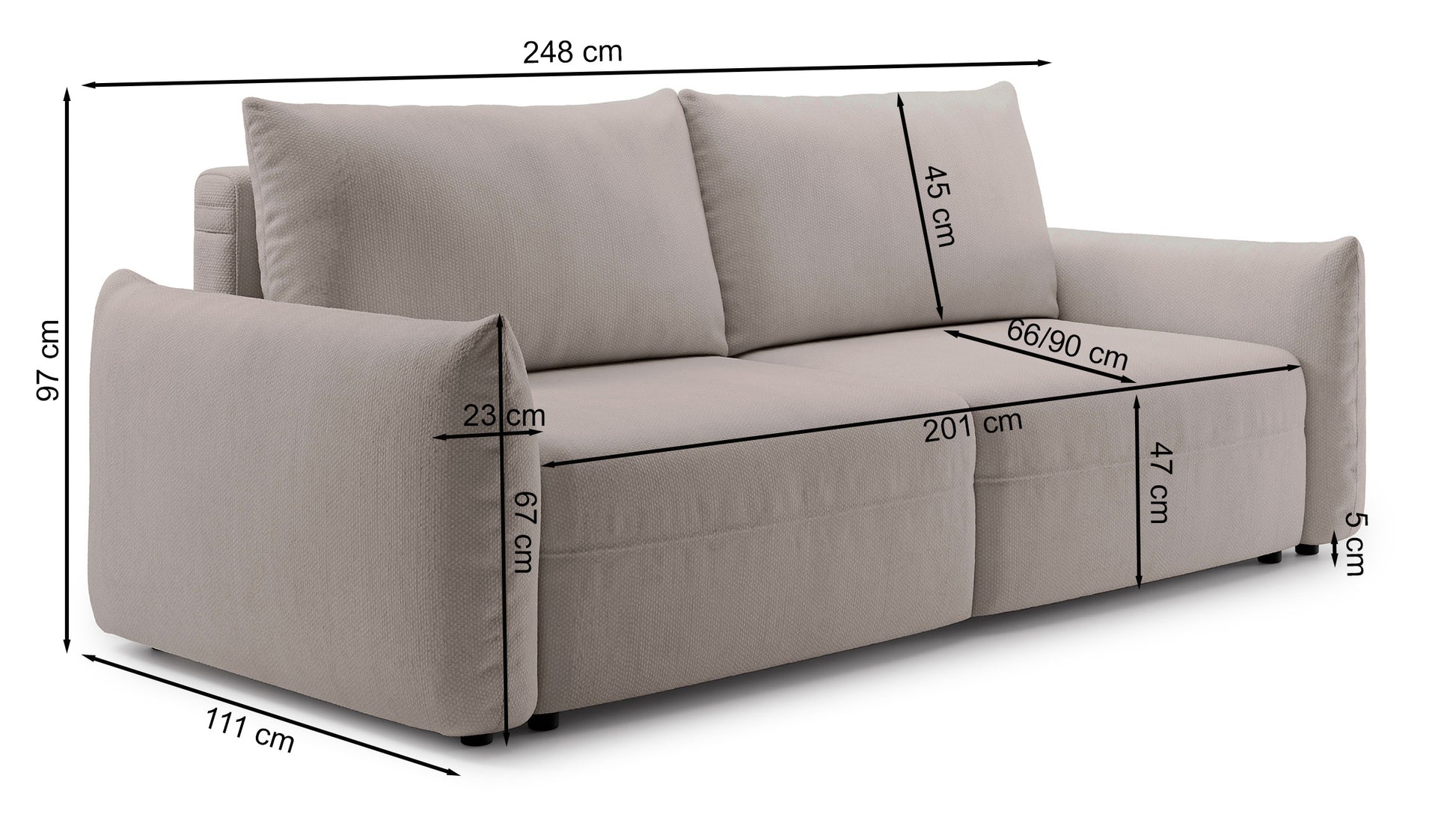 Rysunek wymiarowy - Kanapa rozkładana Theolla szarobeżowa: szerokość 248 cm, głębokość 111 cm, wysokość 97 cm