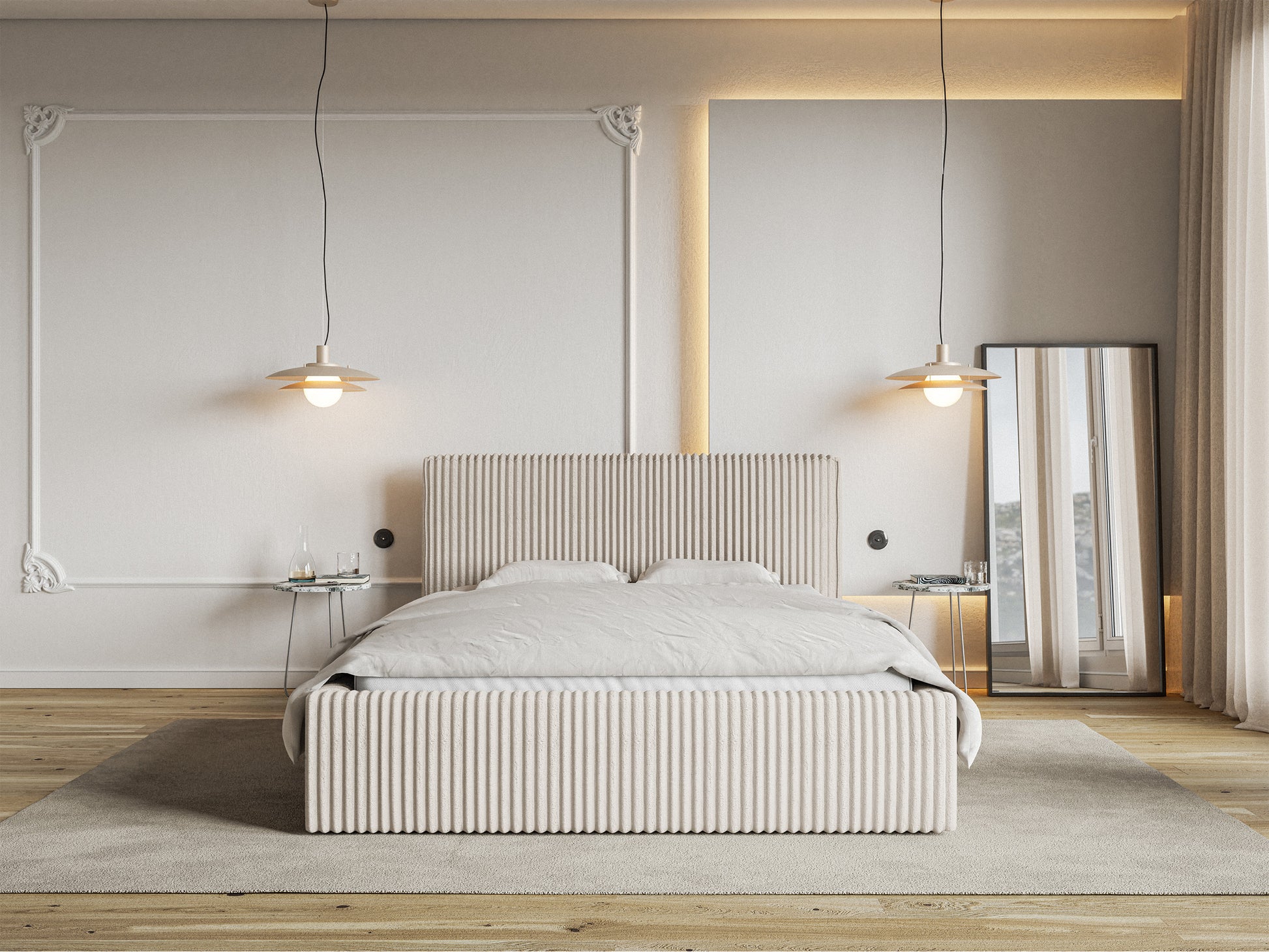 Łóżko tapicerowane Tilio 160x200 cm z pojemnikiem stelaż metalowy kremowe w aranżacji sypialni