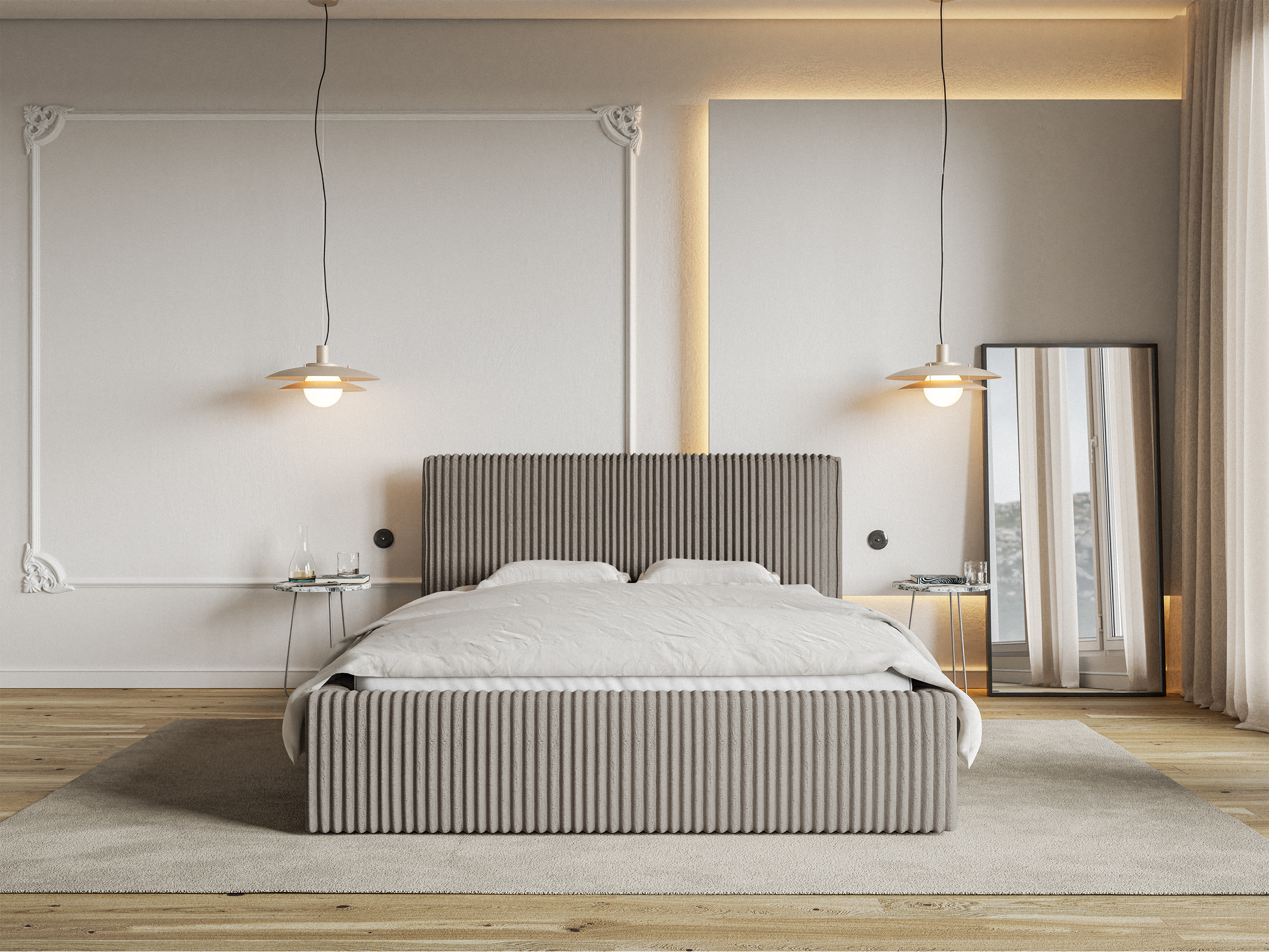 Łóżko tapicerowane 180x200 cm Tilio z pojemnikiem stelaż metalowy szarobeżowe gruby sztruks