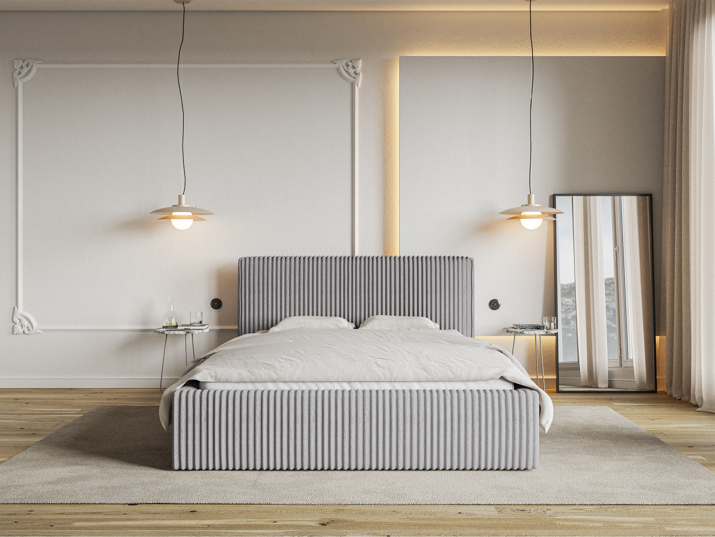 Łóżko tapicerowane Tilio 140x200 cm z pojemnikiem stelaż metalowy jasnoszare w aranżacji sypialni
