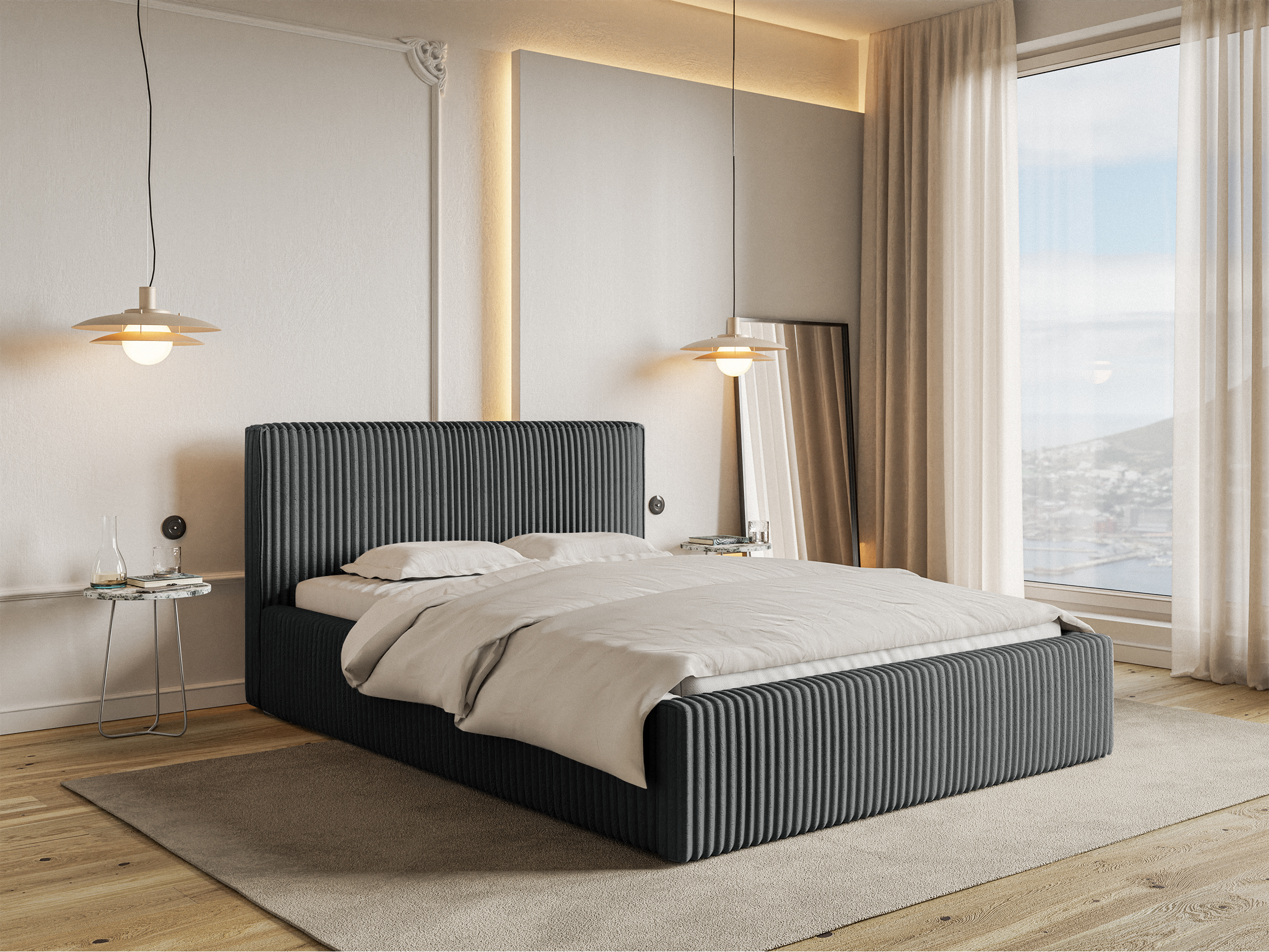 Łóżko tapicerowane 180x200 cm Tilio z pojemnikiem stelaż metalowy szare gruby sztruks