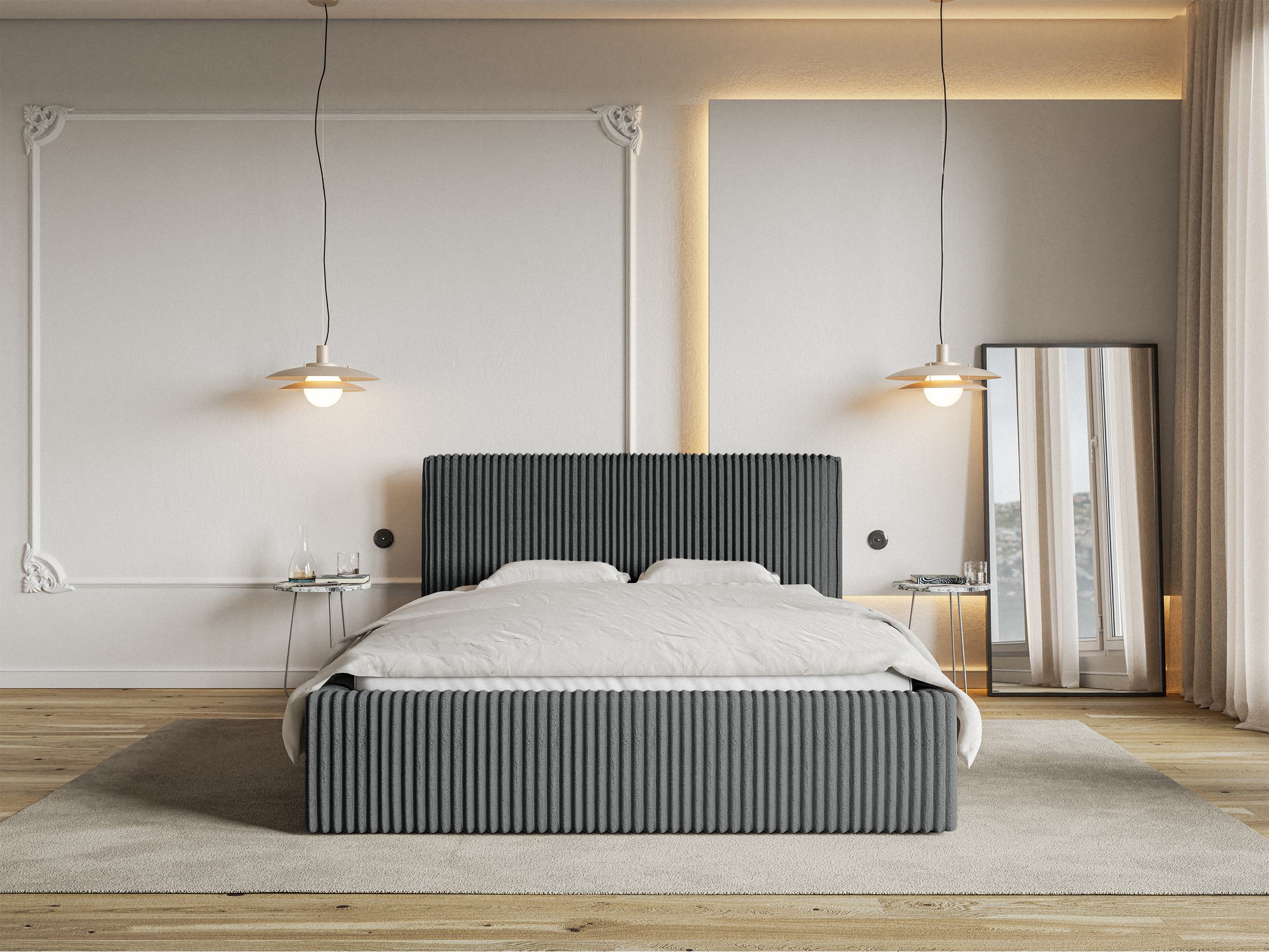 Łóżko tapicerowane 160x200 cm Tilio z pojemnikiem stelaż metalowy szare gruby sztruks