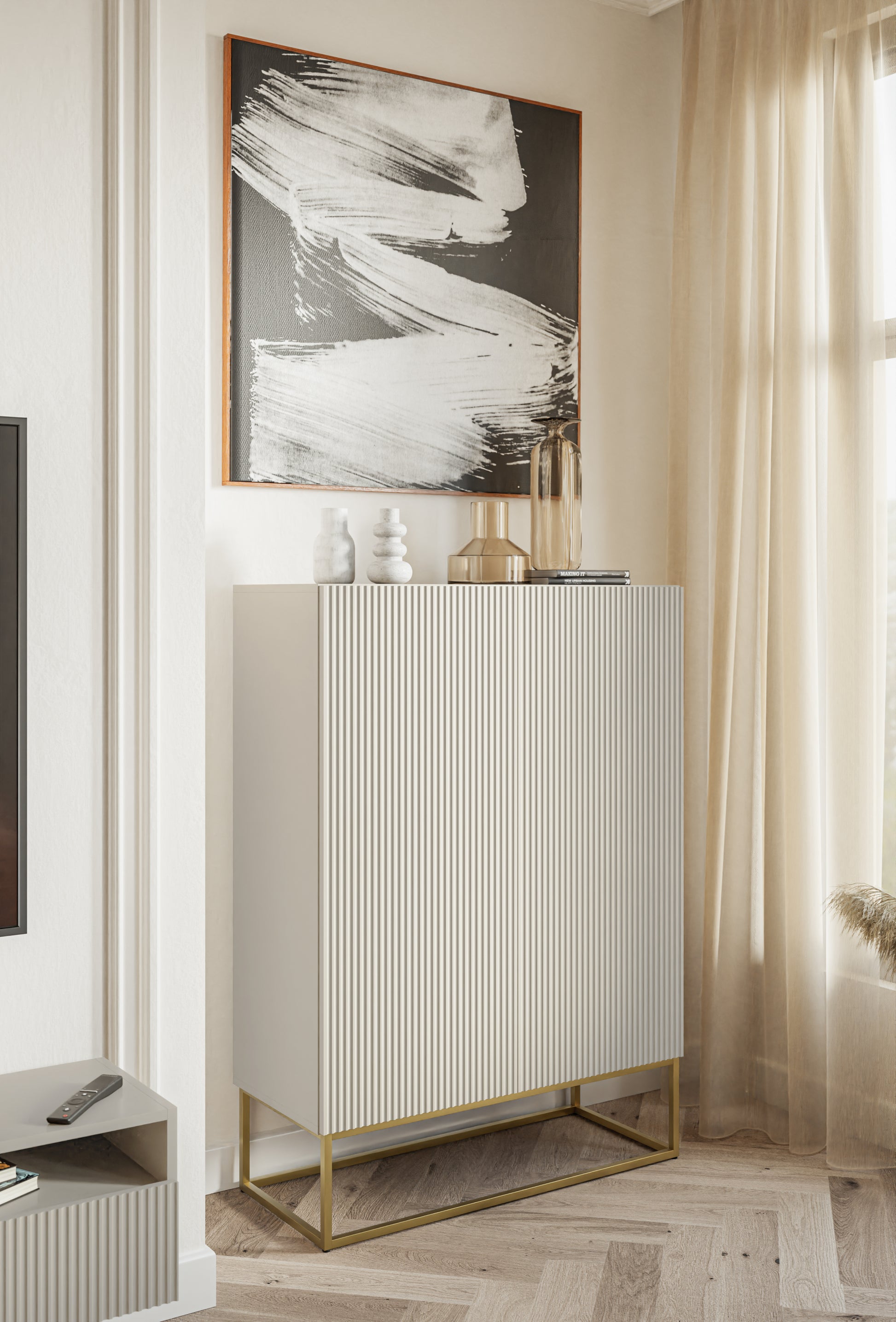 Komoda dwudrzwiowa Veldio z frezowanym frontem 90 cm Szary beż ze złotymi - głębokość 38 cm