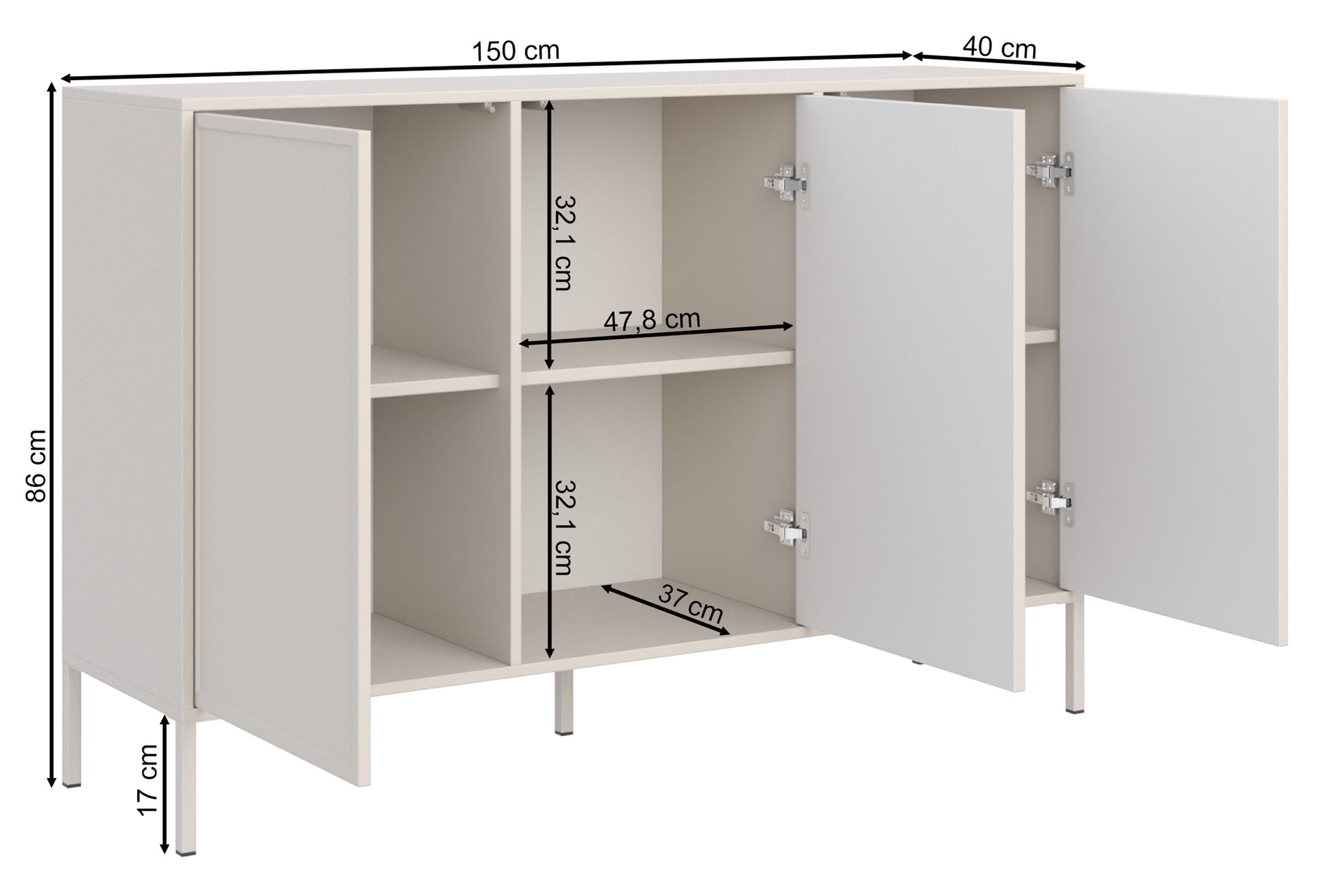 Rysunek wymiarowy - Komoda trzydrzwiowa Velveto 150: szerokość 150 cm, głębokość 40 cm, wysokość 86 cm