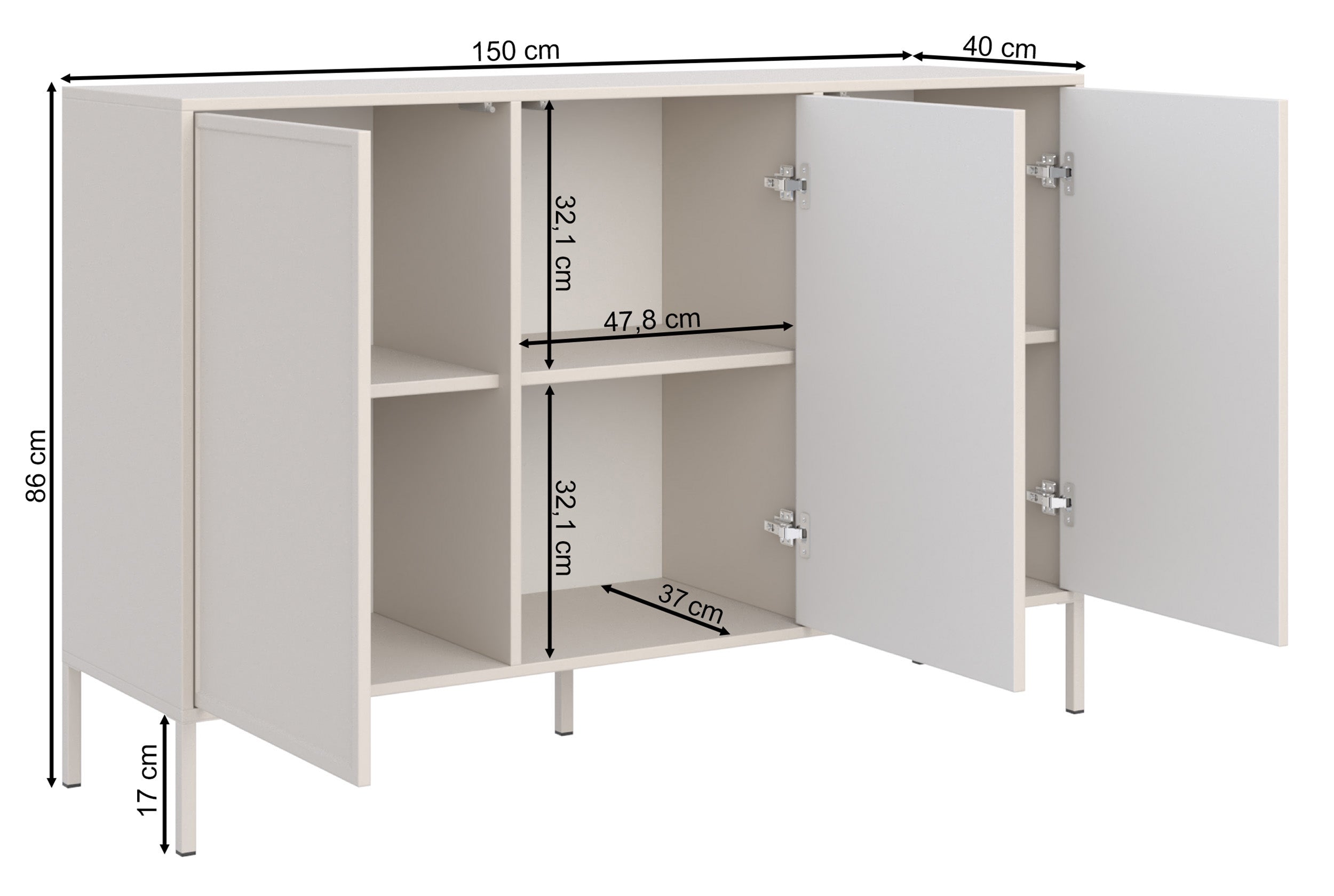 Rysunek wymiarowy - Komoda trzydrzwiowa Velveto 150: szerokość 150 cm, głębokość 40 cm, wysokość 86 cm