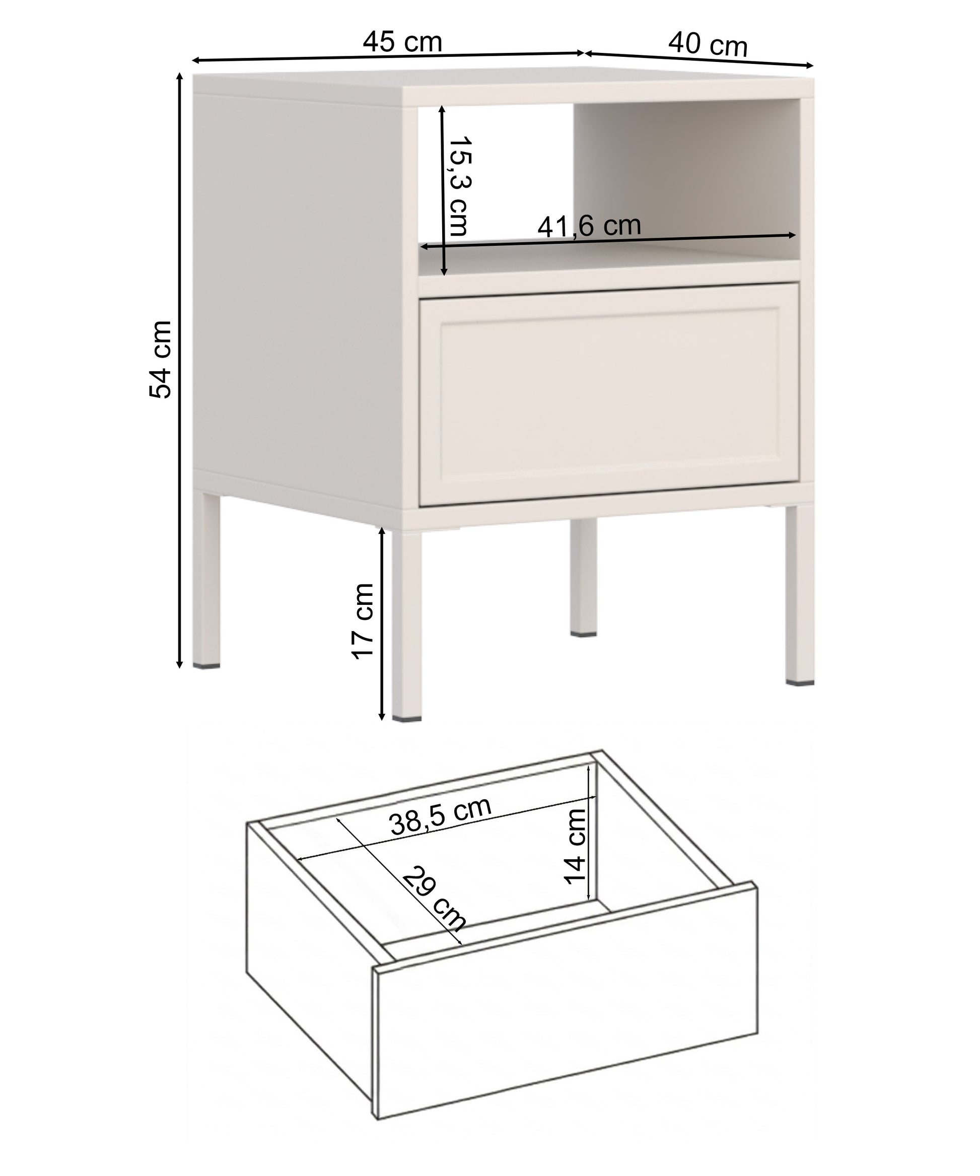Rysunek wymiarowy - Szafka nocna Velveto z szufladą i wnęką 45 cm: szerokość 45 cm, głębokość 40 cm, wysokość 54 cm