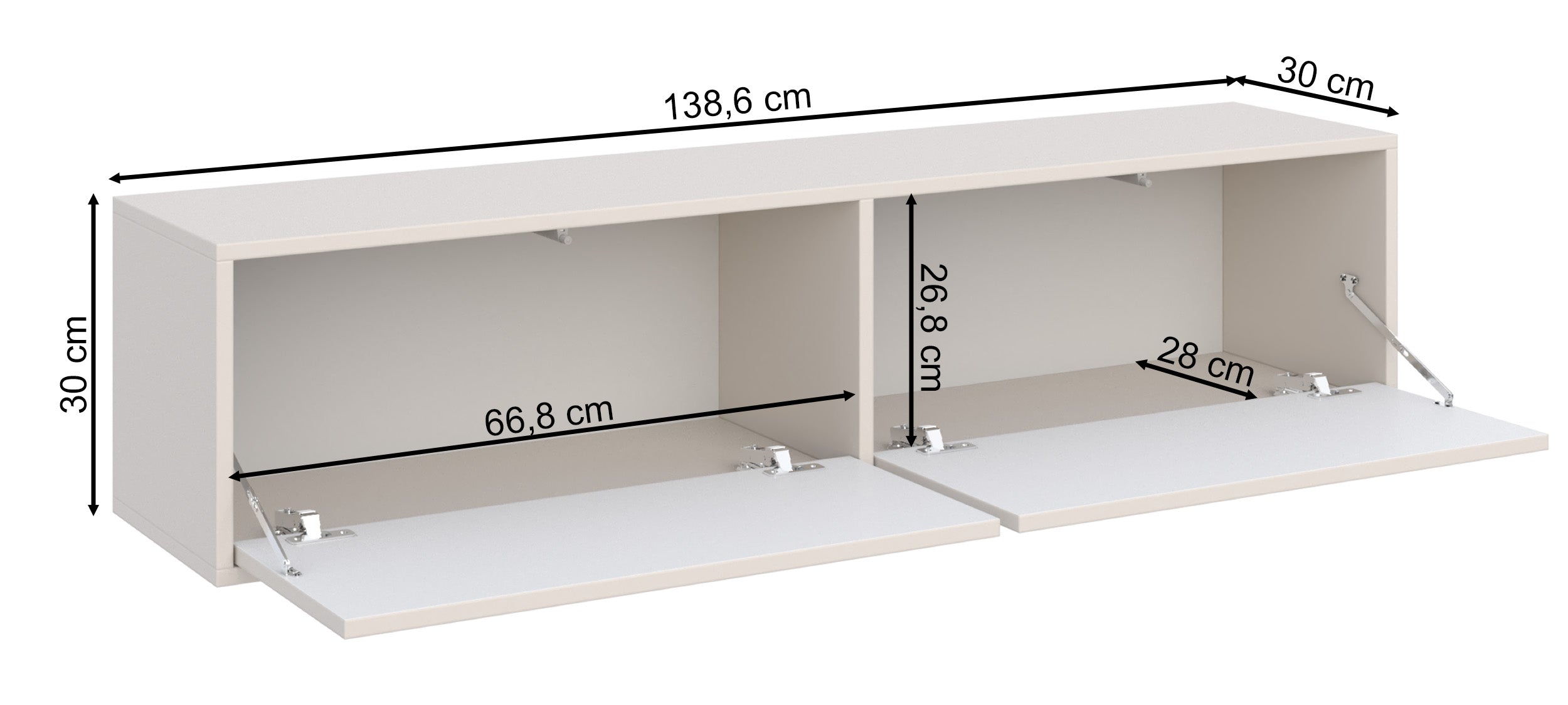 Rysunek wymiarowy - Szafka RTV Velveto wisząca z dwiema klapami 140 cm: szerokość 138,6 cm, głębokość 30 cm, wysokość 30 cm