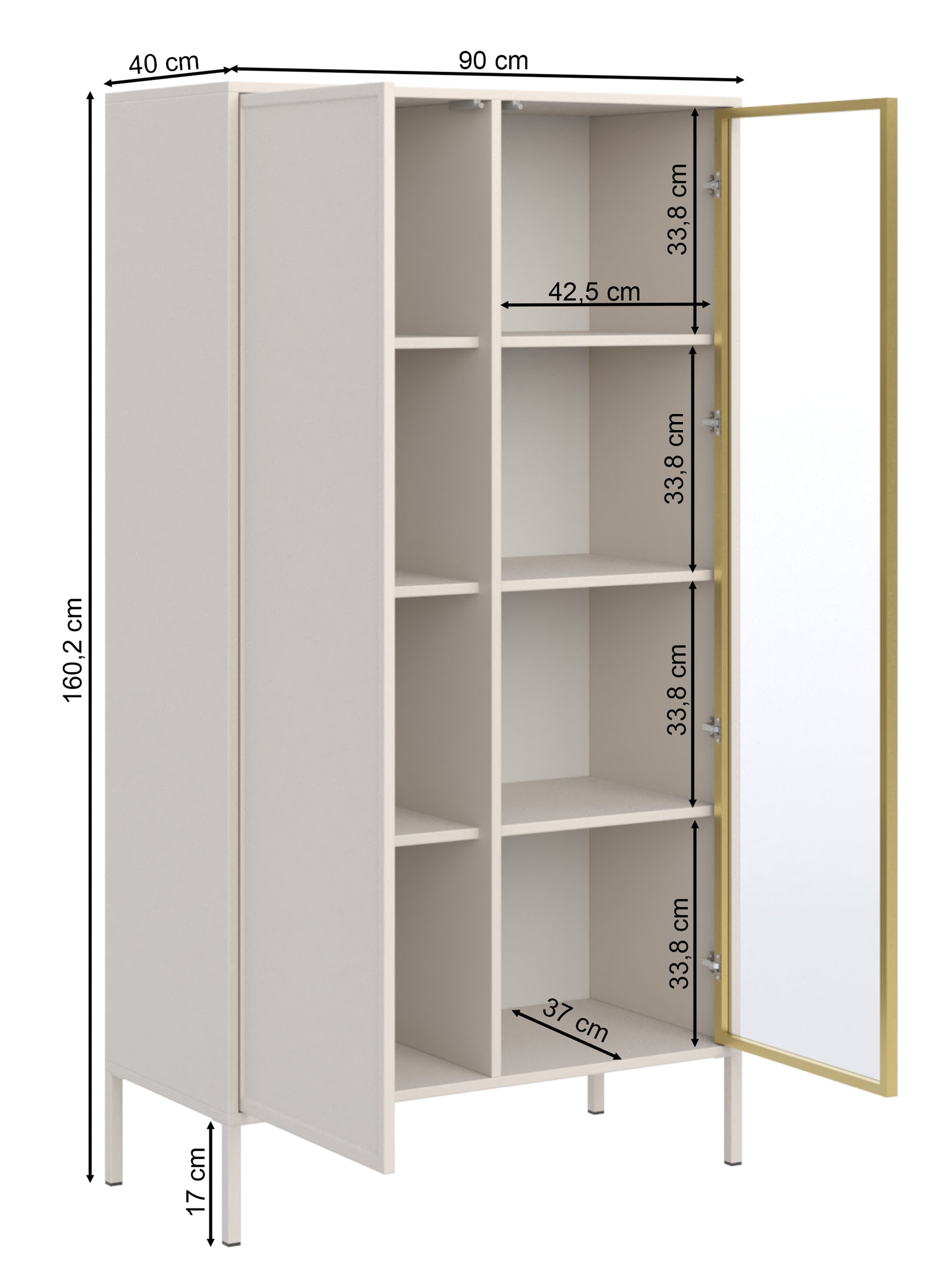 Rysunek wymiarowy - Witryna dwudrzwiowa Velveto ze szklanym frontem 90 cm kaszmir: szerokość 90 cm, głębokość 40 cm, wysokość 160,2 cm
