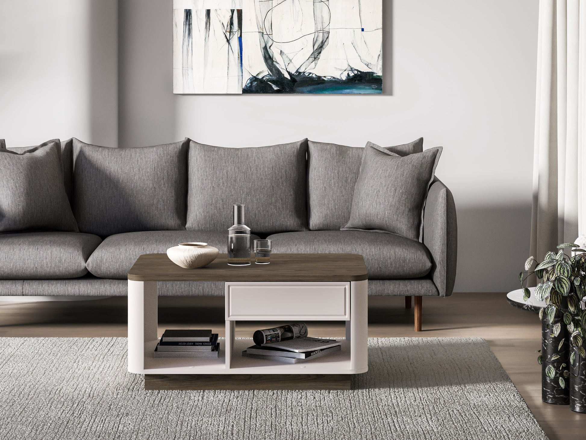Stolik kawowy Vilavio z szufladą i wnękami 60x90 cm Kaszmir/Dąb Windmill Dark - materiał płyta meblowa