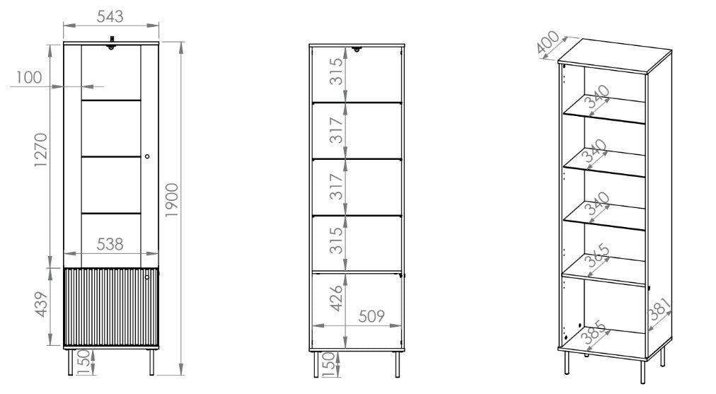 Rysunek wymiarowy - Witryna jednodrzwiowa Caletto 55 cm: szerokość 55 cm, głębokość 40 cm, wysokość 190 cm
