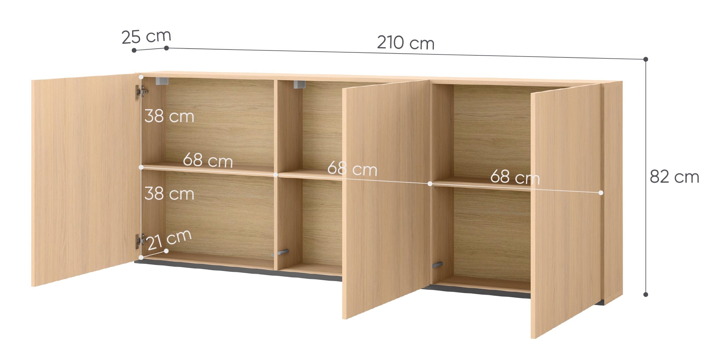 Szafka młodzieżowa trzydrzwiowa Woow wisząca z półkami 210 cm dąb vincenza bielona - szerokość 210 cm