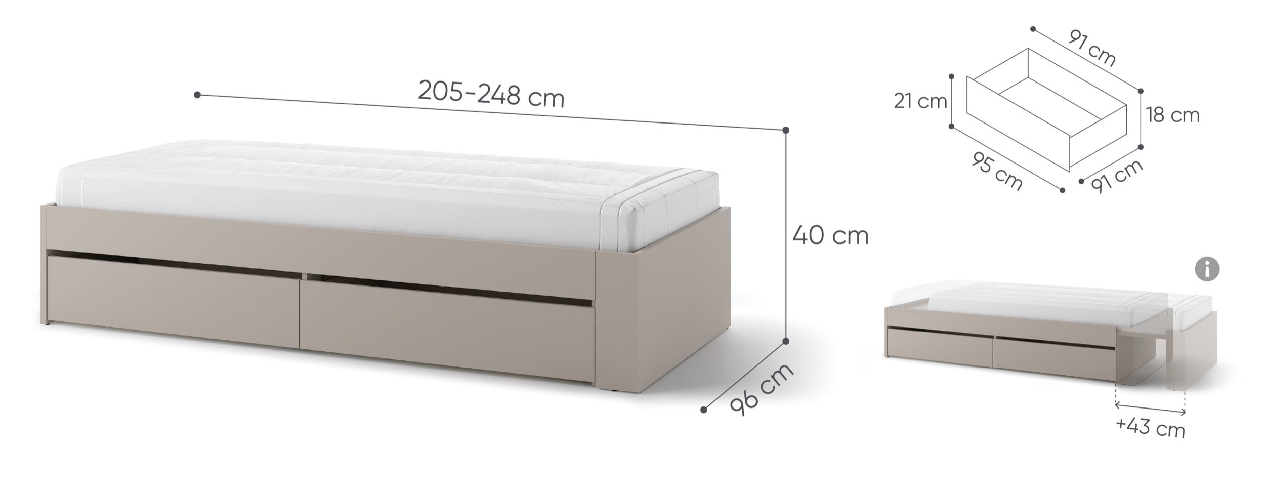Łóżko młodzieżowe rozsuwane Woow z dwiema szufladami 205-248 cm clay grey - styl nowoczesny