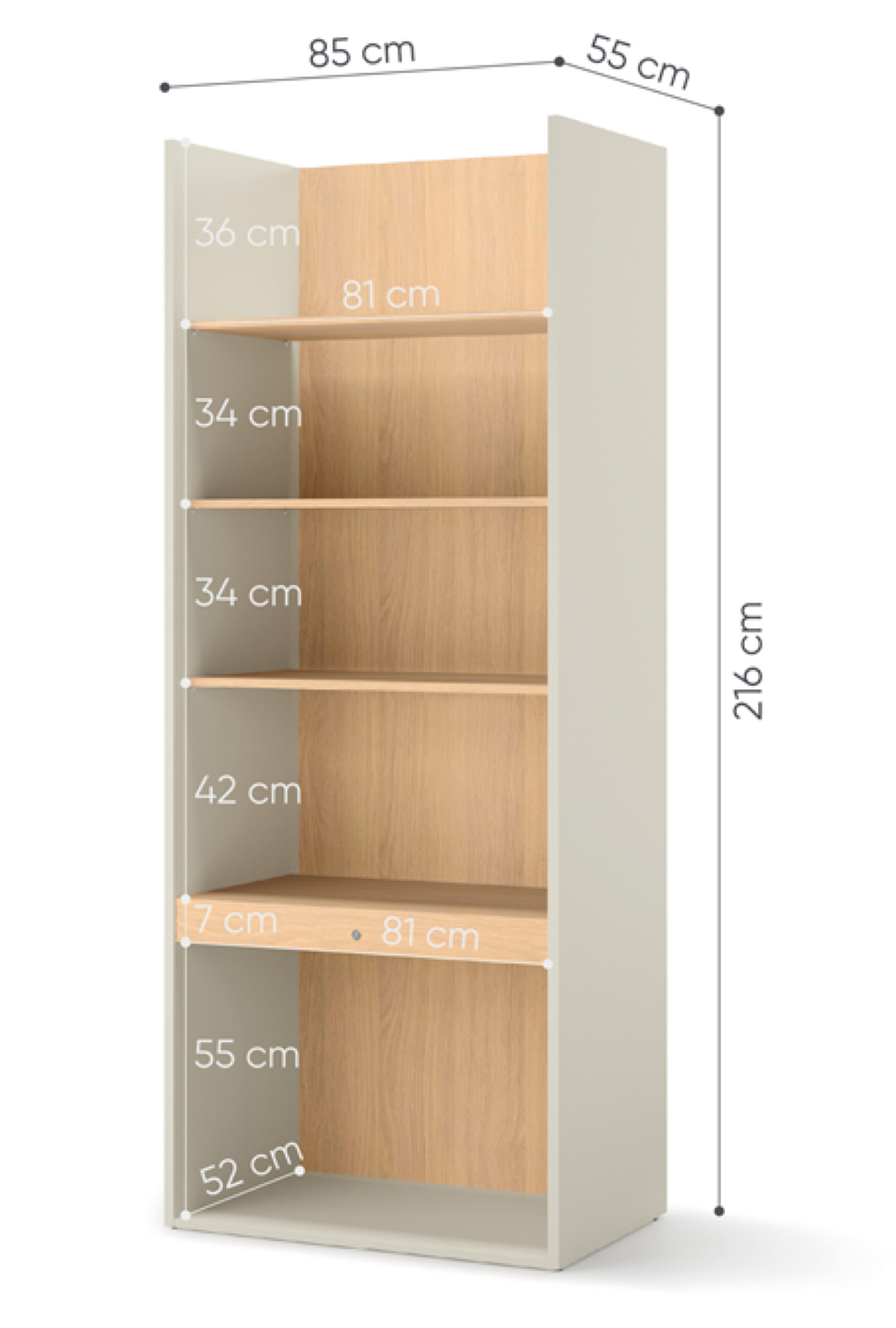 Regał młodzieżowy szeroki Woow z pięcioma półkami i oświetleniem 85 cm szampański/dąb vincenza bielona - głębokość 55 cm