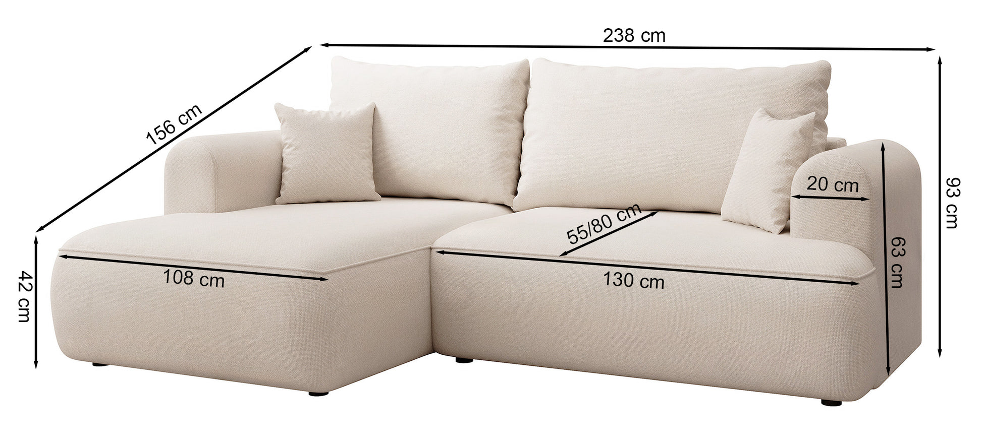 Rysunek wymiarowy - Narożnik Ovo mini lewostronny z pojemnikiem kremowy szenil: szerokość 238 cm, głębokość 156 cm, wysokość 93 cm