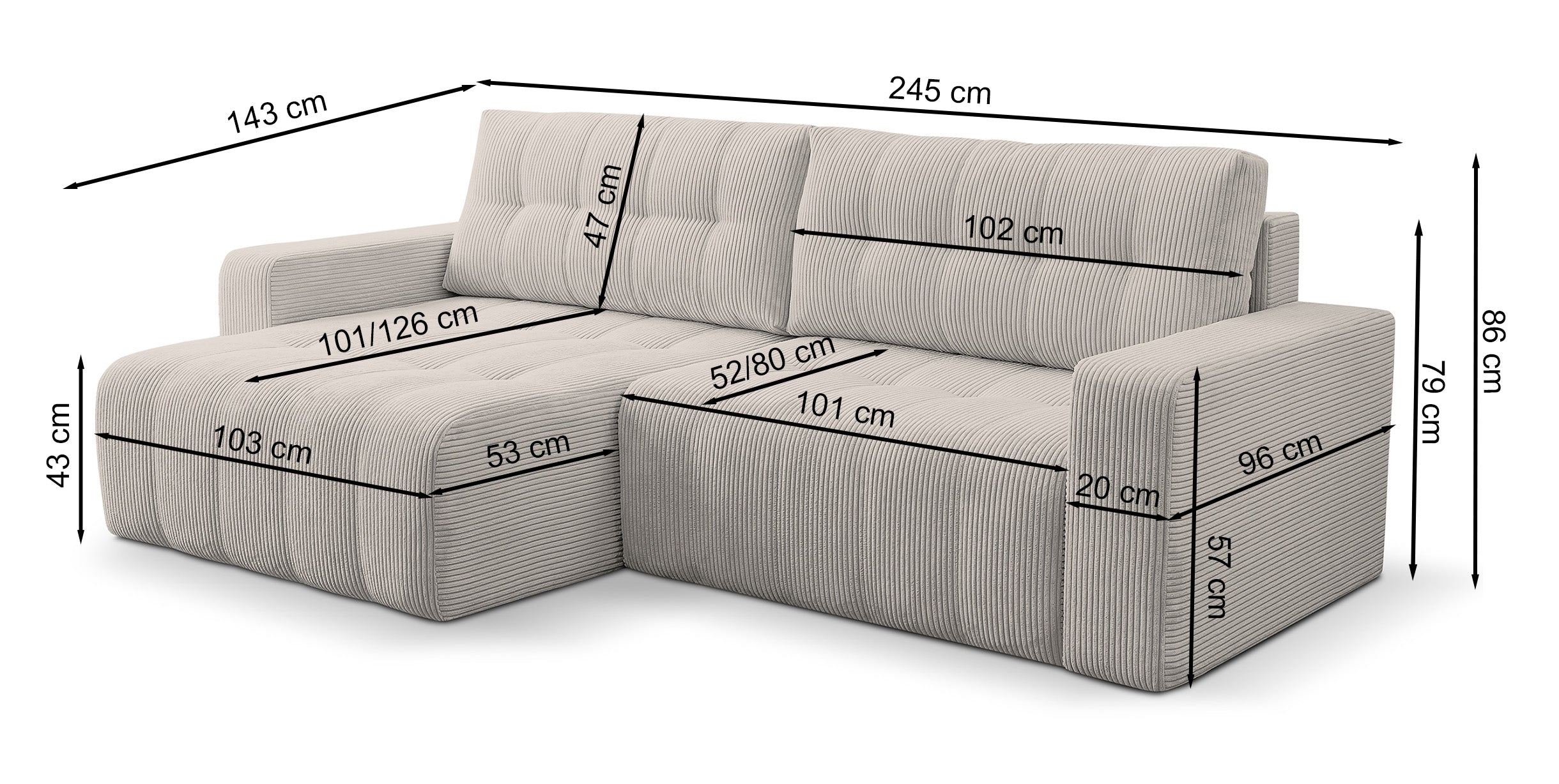 Rysunek wymiarowy - Narożnik Maillo jasnobeżowy: szerokość 245 cm, głębokość 143 cm, wysokość 86 cm