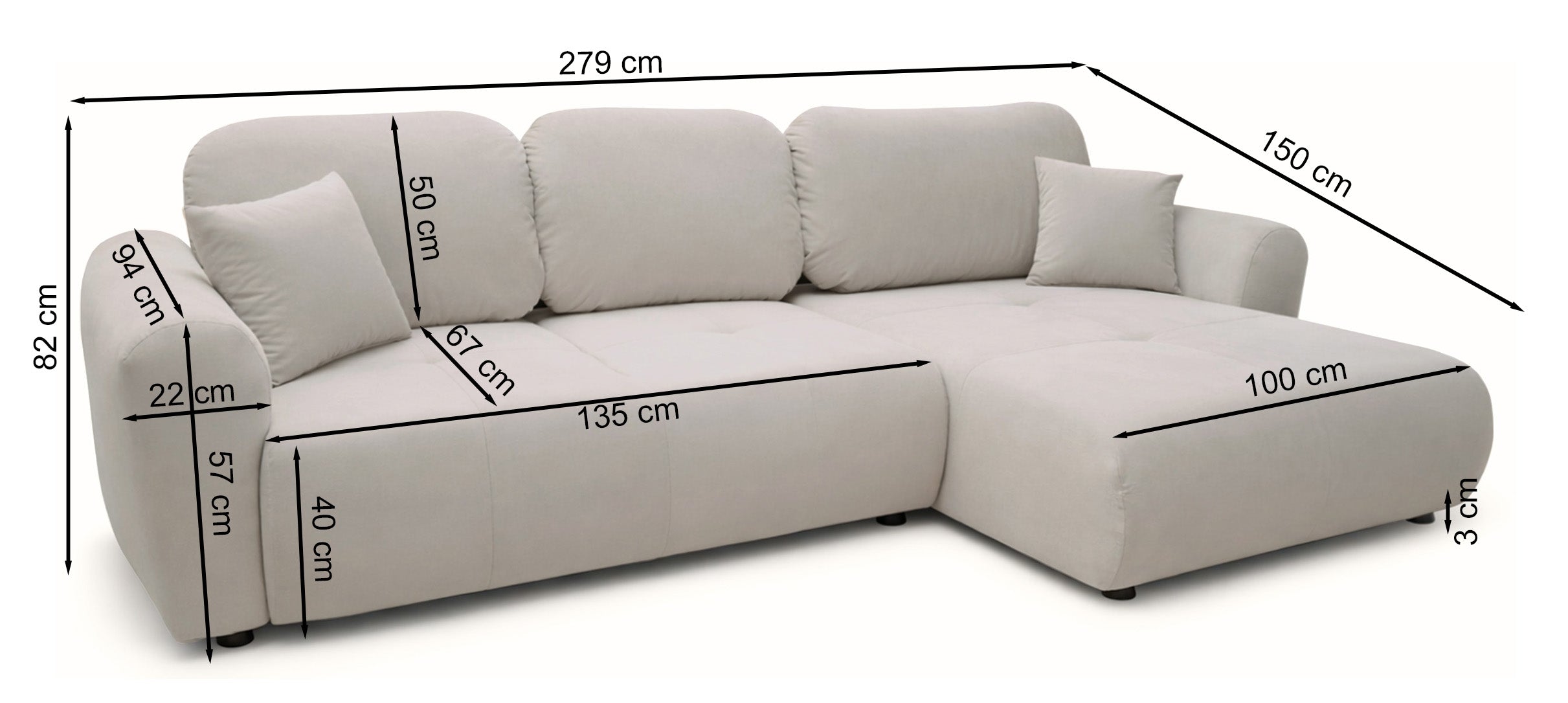Rysunek wymiarowy - Narożnik Olido L-kształtny duży uniwersalny z pojemnikiem beżowy: szerokość 279 cm, głębokość 150 cm, wysokość 82 cm