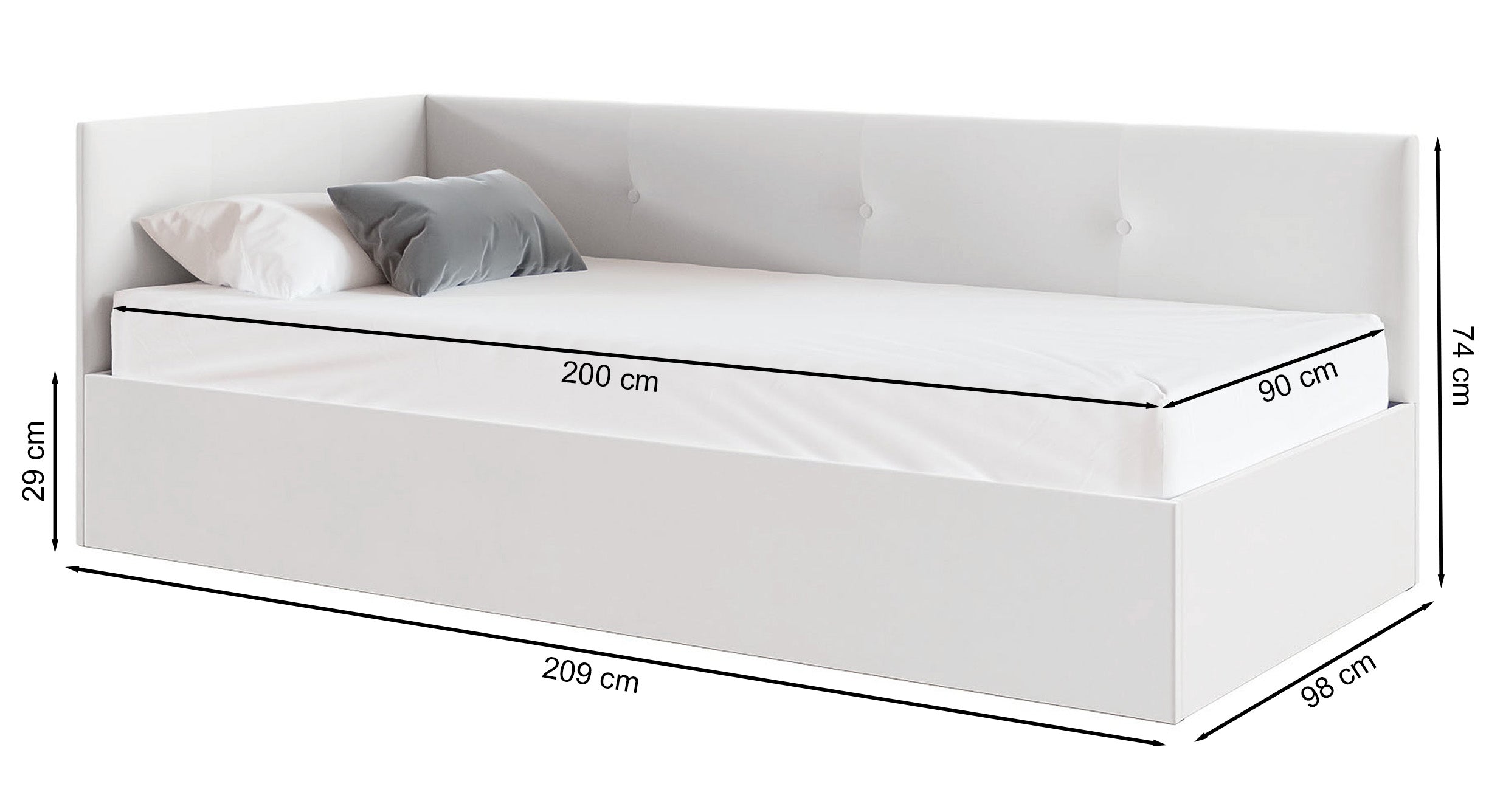 Rysunek wymiarowy - Łóżko młodzieżowe Pixxel butelkowa zieleń: szerokość 98 cm, długość 209 cm, wysokość 74 cm
