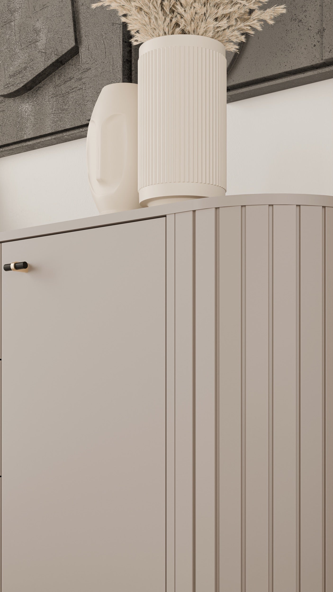 Komoda trzydrzwiowa Zante z ryflami i szklanym frontem 150 cm szary beż - szerokość 150,1 cm